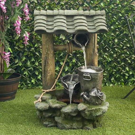 Alpine Corporation WIN1250 39 Water Well Fountain with LED Lights Serene Outdoor Waterfall Water Feature for Garden, Patio, and Lawn, Cascading Water Flow, Green