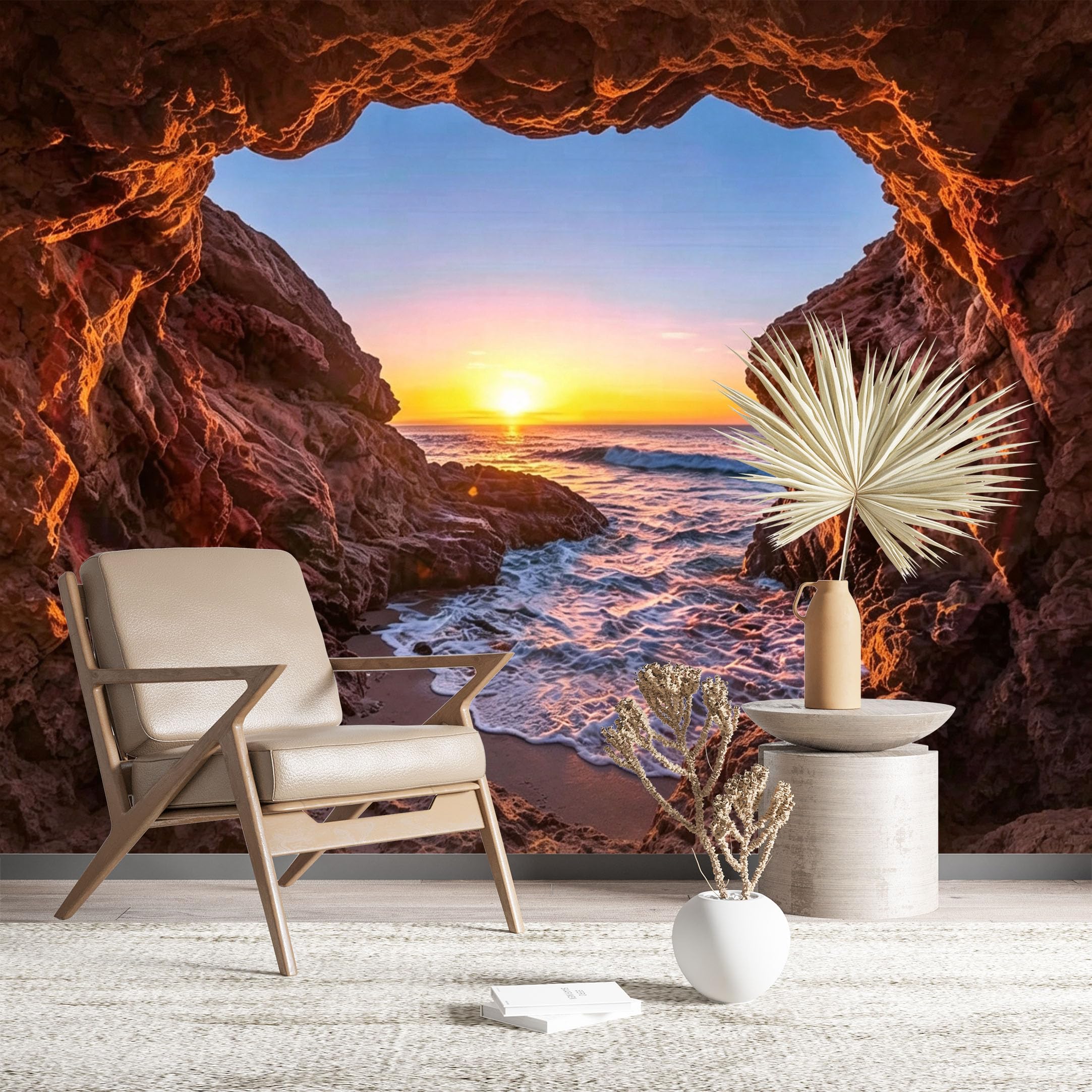 Custom Size Wall Murals Sunset Beach Cave View Self-Adhesive Wall Fabric (NO PVC) Removable Wallpaper for Living Room Bedroom