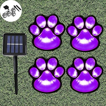 Obrecis Solar Light Paw Print Outdoor, Dog Puppy, Animal, Cat Paw Path Light, Garden Lamp for Landscape Walkway Yard, Set of 4(Purple)
