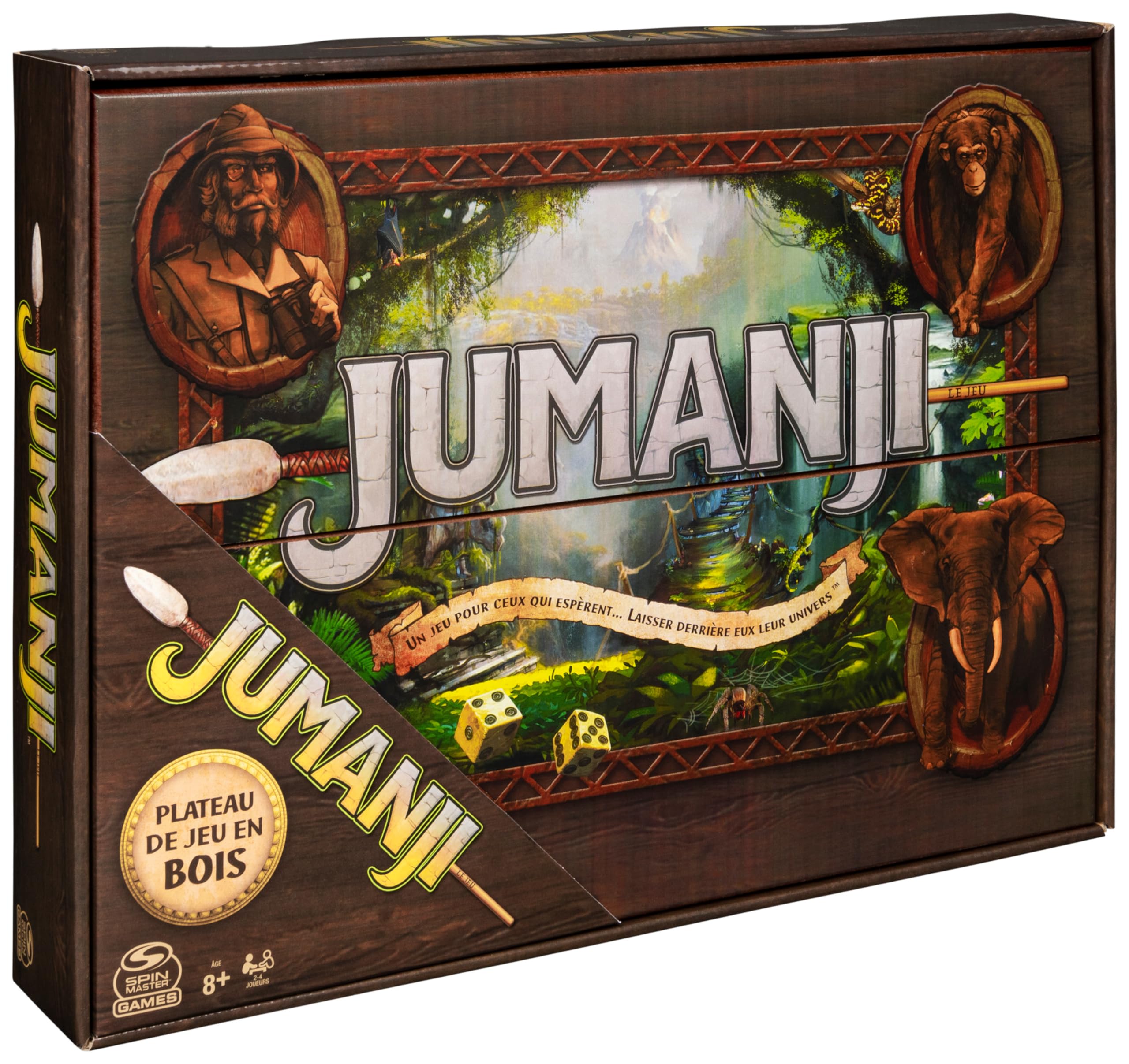 Spin Master Games - Jeu Jumanji avec Plateau Bois Retro - Jeu de Société Famille avec Nombreux Défis - Ambiance du Film Jumanji - Version Française - Jouet Enfant 8 Ans Et +
