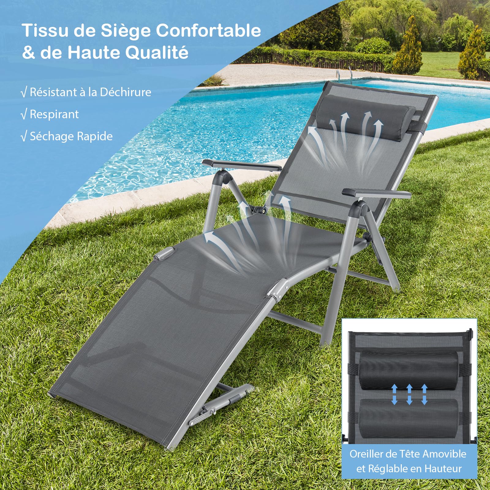 GIANTEX Chaise longue pliable - En aluminium - Avec dossier et repose-pieds réglables - Avec coussin - Chaise longue d'extérieur avec coussin - Chaise longue de voyage - Chaise longue de détente