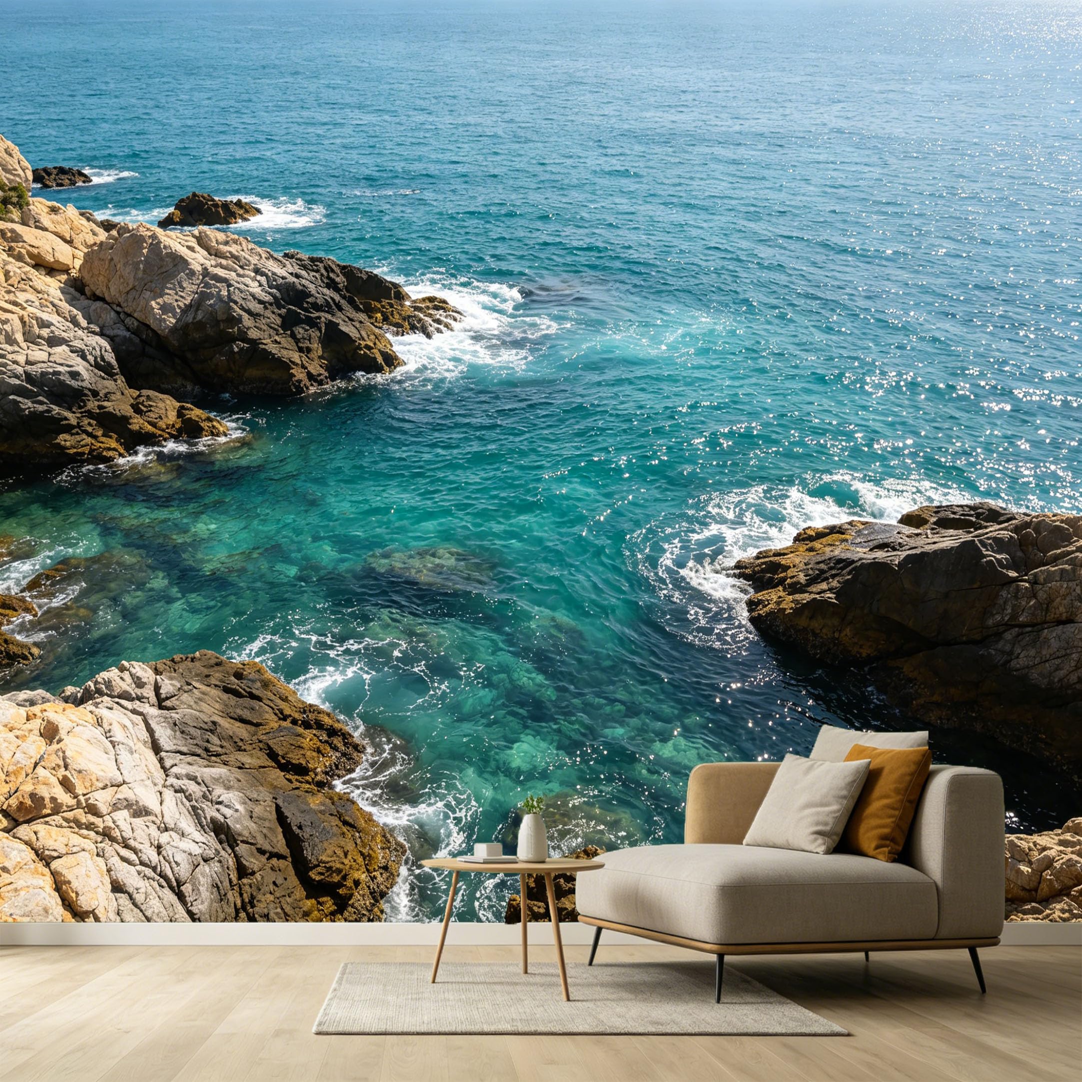 Custom Size Wall Murals Coastal Ocean Marine Blue Water Rocky Shoreline 3D Trompe L'Oeil SelfAdhesive Wall Fabric Removable Large Wallpaper for Photo Living Room