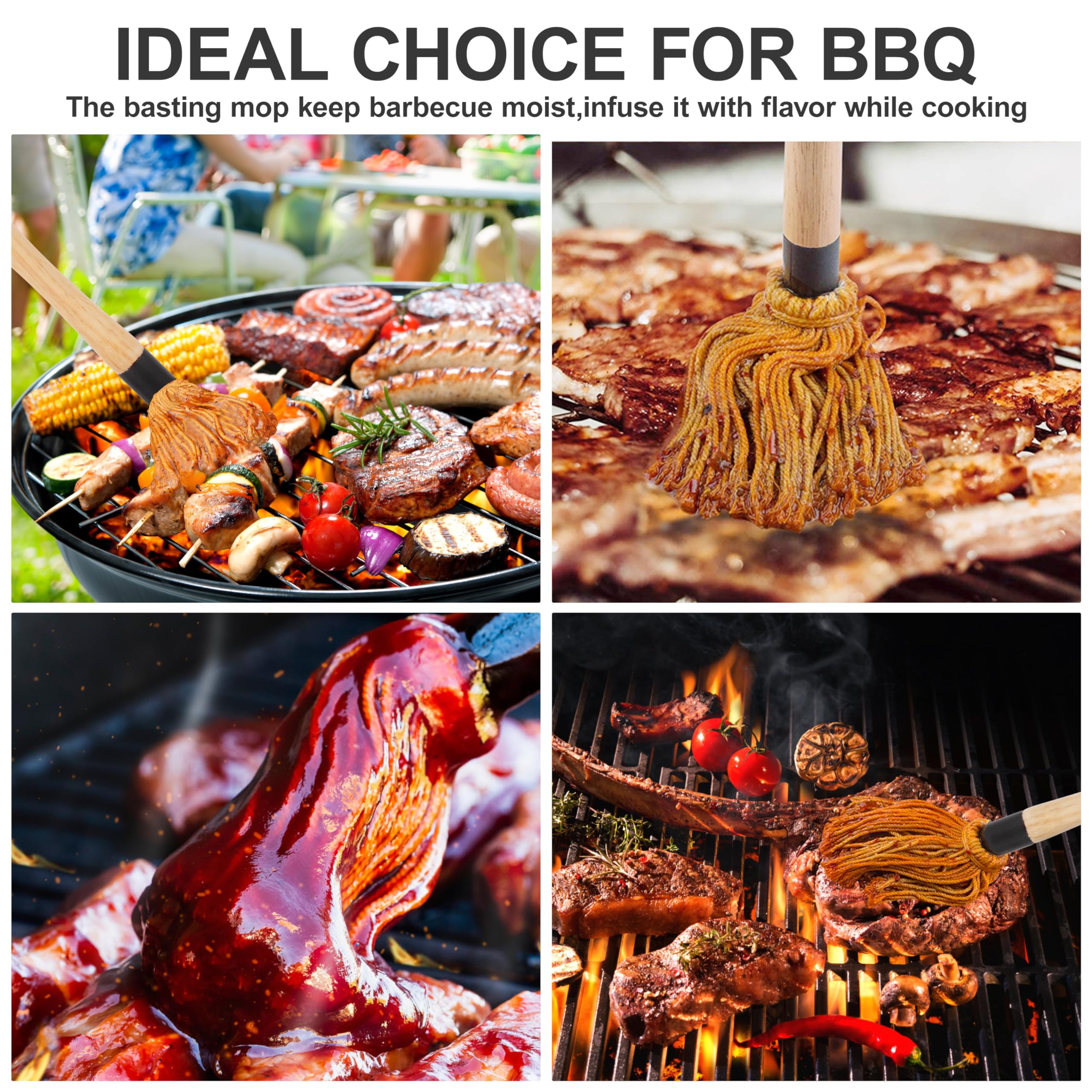 Pennelli per Barbecue Legno, Spazzole Mocio per Salsa Barbecue Marinate con Manico in Legno, Pennelli Cucina Testa in Cotone Lavabile con 4 Testine di Ricambio, per Arrostire e Grigliare