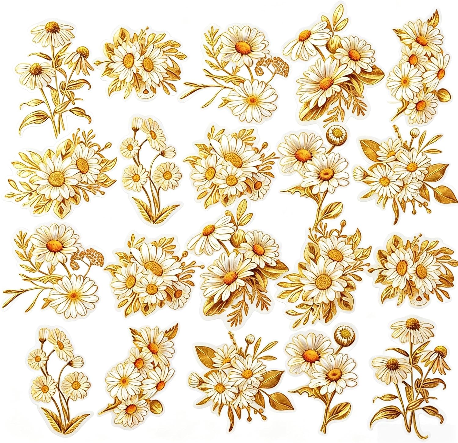 20Pcs Daisy Gold Foil PET Stickers, 10 Unique Floral Designs (2 Sheets Each), Die-Cut Aesthetic Flower Stickers for Scrapbooking Journaling DIY Decor Water Bottle Laptop Suitcase
