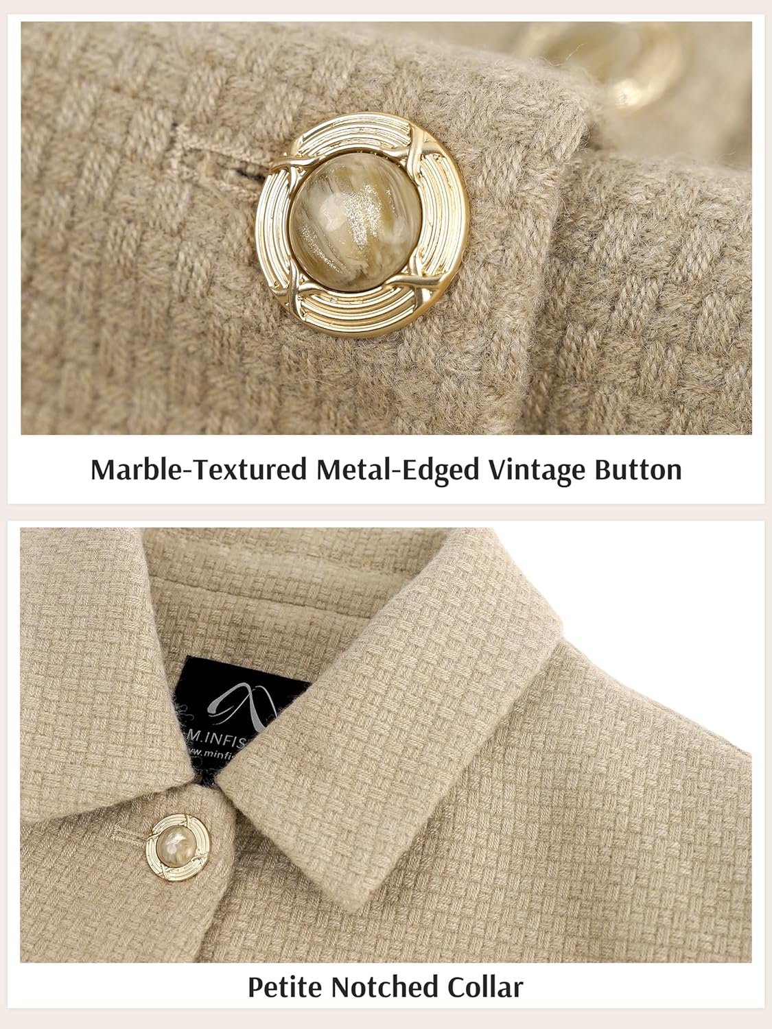 M.Infisavo Women’s Tweed Jackets with Pockets, Cropped Turn Down Collared Blazers Golden Button Down Shacket Long Sleeve - Image 3