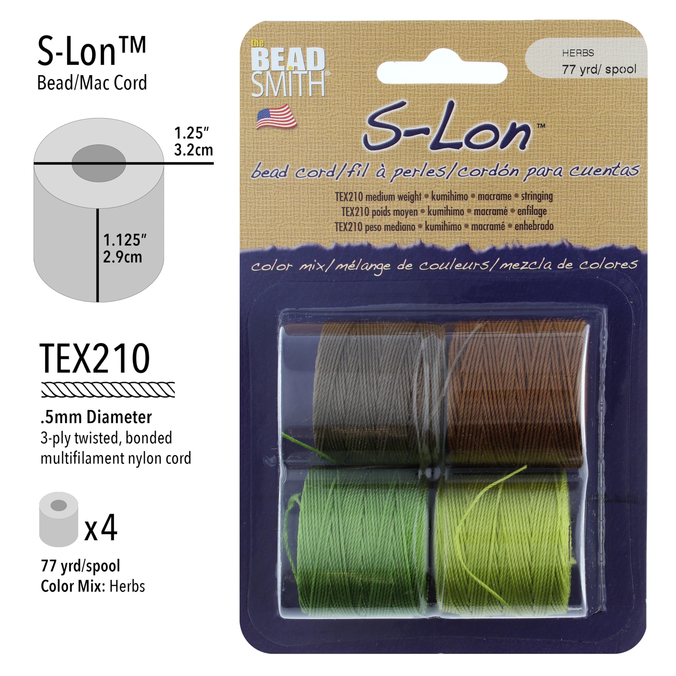 The Beadsmith S-Lon #18 sznurek nylonowy – mieszanka ziół – sznurek Tex210, średnica 5 mm, 4 sztuki, szpule 77 jardów – do szydełkowania koralików, biżuterii z mikromakramy i projektów Kumihimo