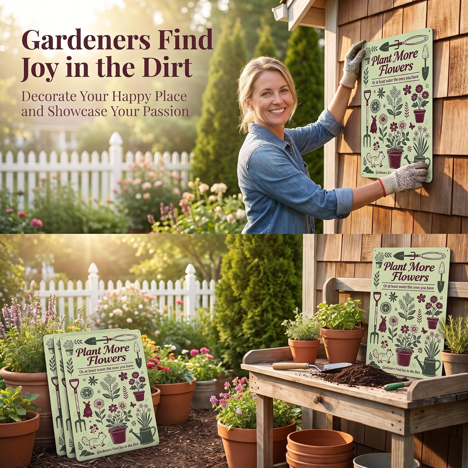 Garden Sign “Plant More Flowers, Or at least water the ones you have” and “Gardeners Find Joy in the Dirt” Metal Tin Sign, Garden Gift for Home Garden Greenhouse Courtyard Residence, Outdoor Wall Decoration 8X12 inches image 2