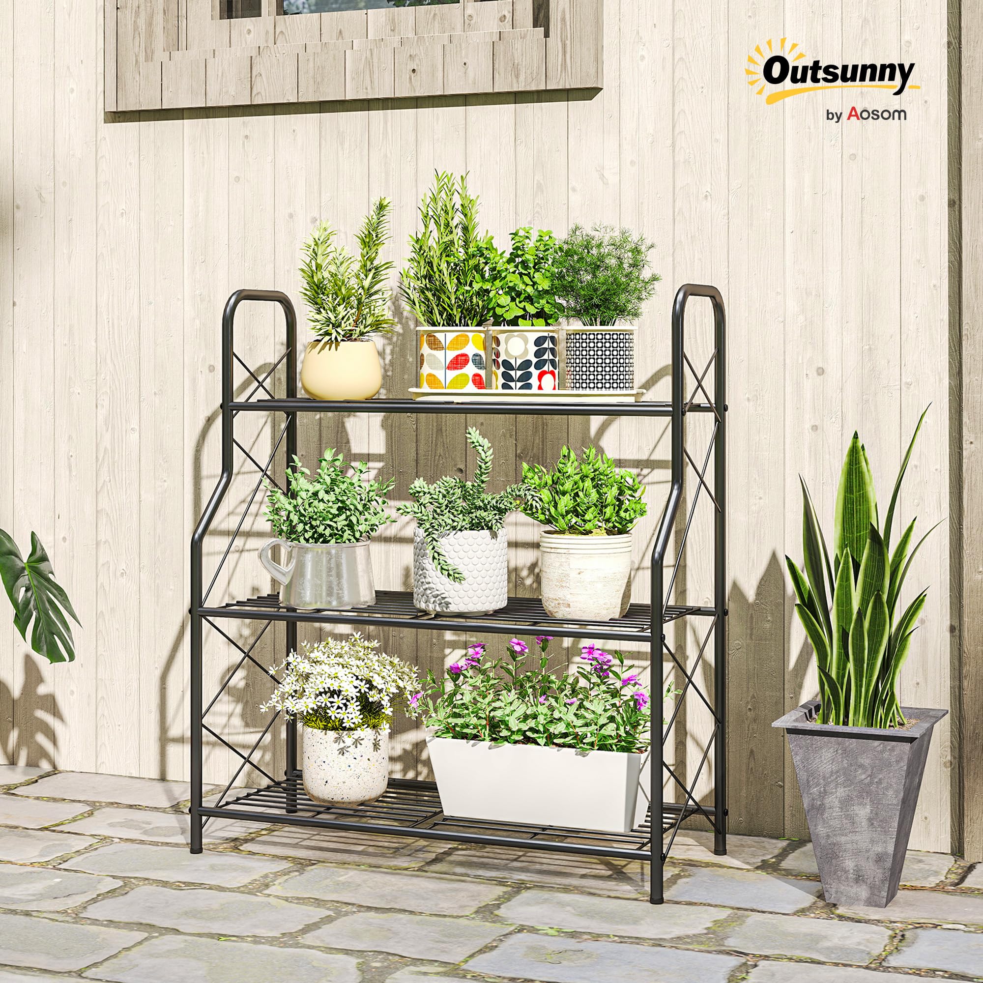 Outsunny 3-Etagen Pflanzenständer, 78 cm hoher Blumenständer, Schwarz