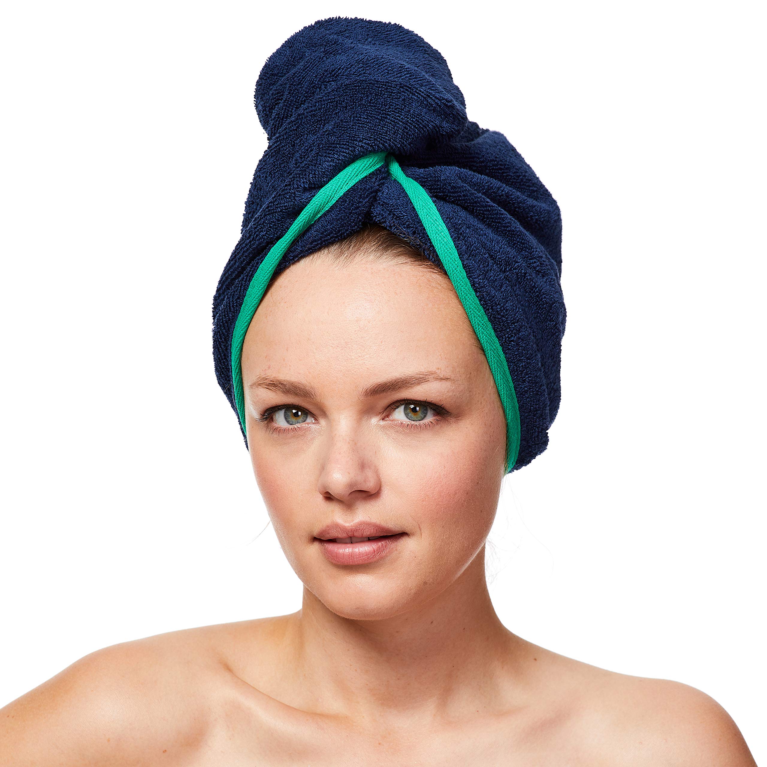 Sowel® Turbante de pelo 100% algodón orgánico, toalla turbante con botón, para hombre y mujer, azul marino/verde