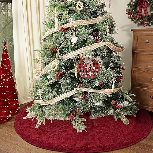 Miniatura 7 de yuboo - Falda de árbol de Navidad de 48 pulgadas, rojo burdeos, falda de árbol de Acción de Gracias y Navidad de punto, falda rústica para árbol de