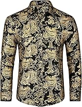 HISDERN Herren Paisley Hemd Langarm Satin Blumen Muster Hemd für Männer Jacquard Stickerei Freizeithemd für Hochzeit Regular Fit