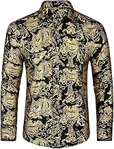 HISDERN Men's Luxury Gold Paisley Printed Shiny Shirts Long Sleeve Button Down Stylish Dress Shirts for Wedding Party Prom