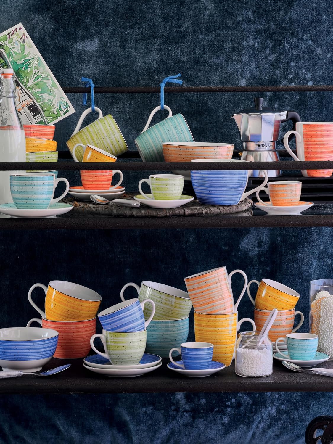 Tognana Kaleido Set of 6 New Bone China Tea Cups with Saucers, Multi-Colour