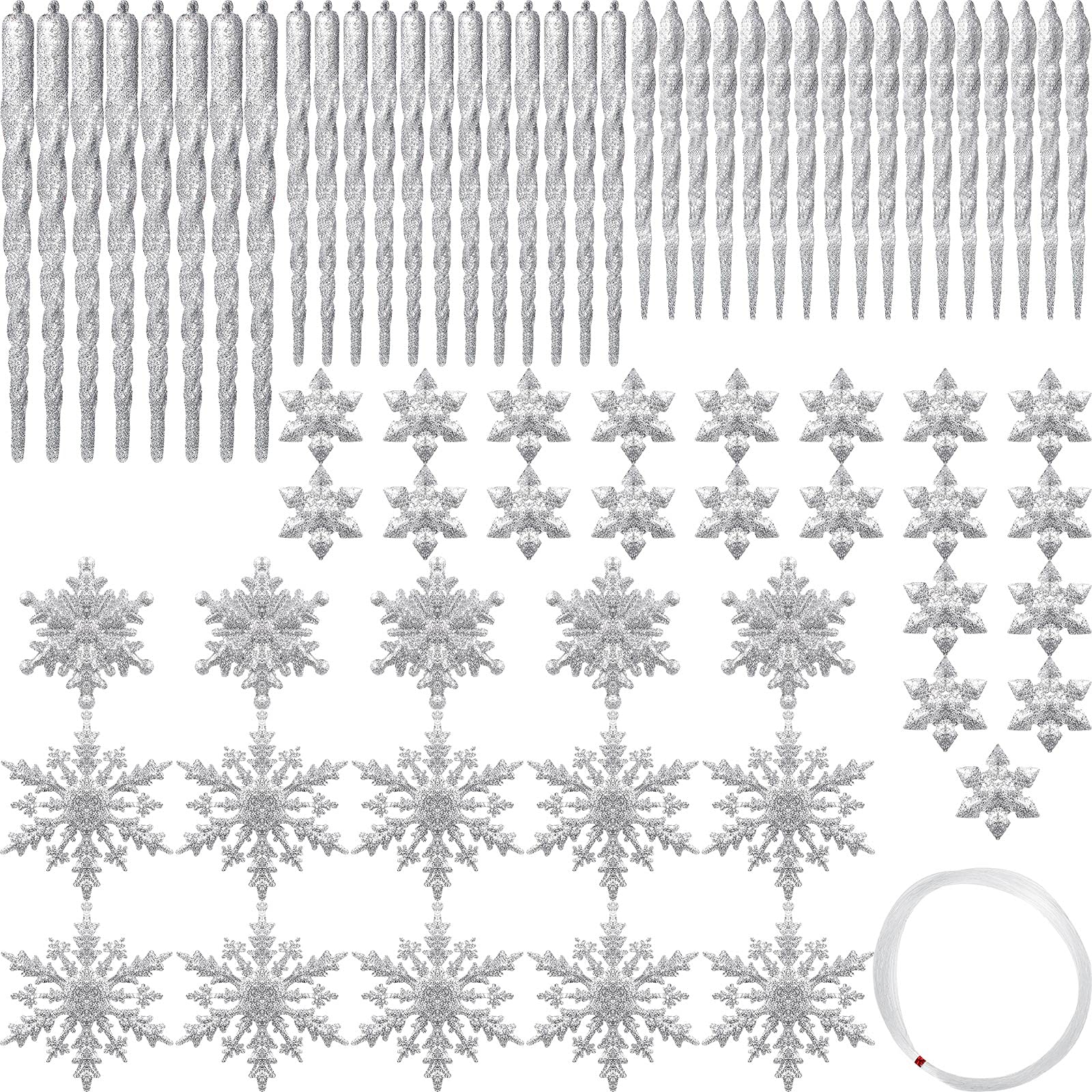 72 Stücke Acryl Eiszapfen Weihnachten Schneeflocke Eiszapfen Ornamente Hängende Eiszapfen Tropfen Ornamente Schneeflocke Eiszapfen Dekorationen Set für Weihnachtsbaum Dekoration (Silber)
