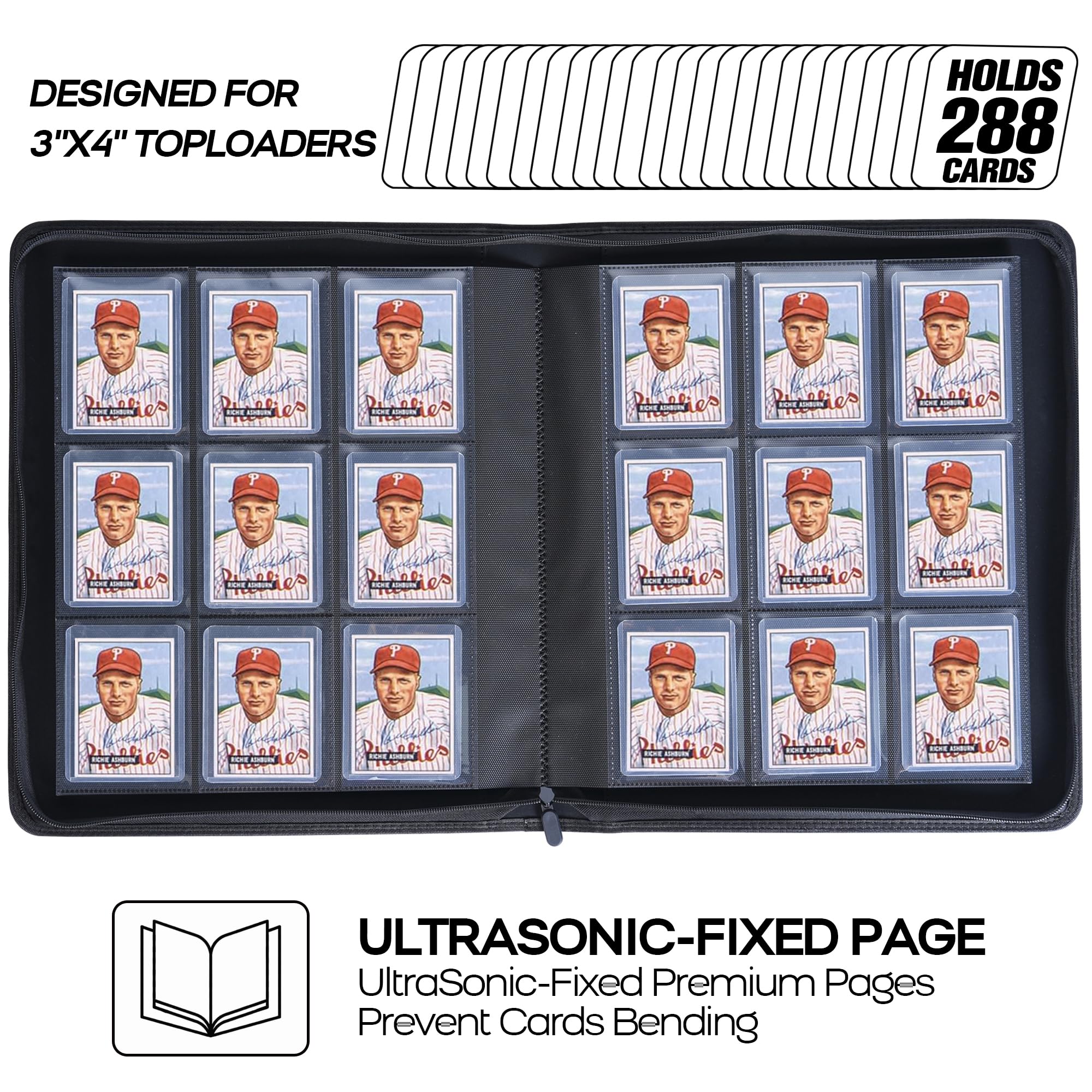 D DACCKIT Raccoglitore con apertura dall'alto, può contenere 288 toploader, raccoglitore a 9 tasche per carte rigide da 7,6 x 10,2 cm, per carte collezionabili o carte sportive (modello B, nero
