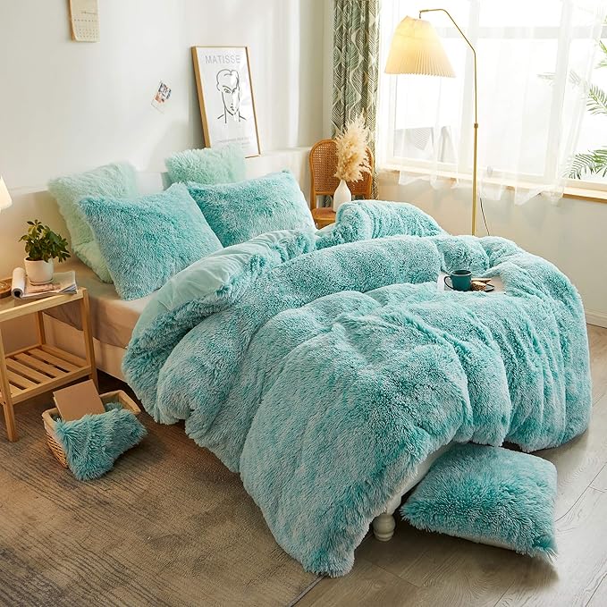 XeGe Plush Shaggy Duvet Cover, Luxury Ultra Soft Velvet Fuzzy Bedding 1PC(1 Faux Fur Duvet Cover), Fluffy Furry Comforter Cover for Bedroom Home Decoration, Zipper Closure (King, Aqua Ombre)