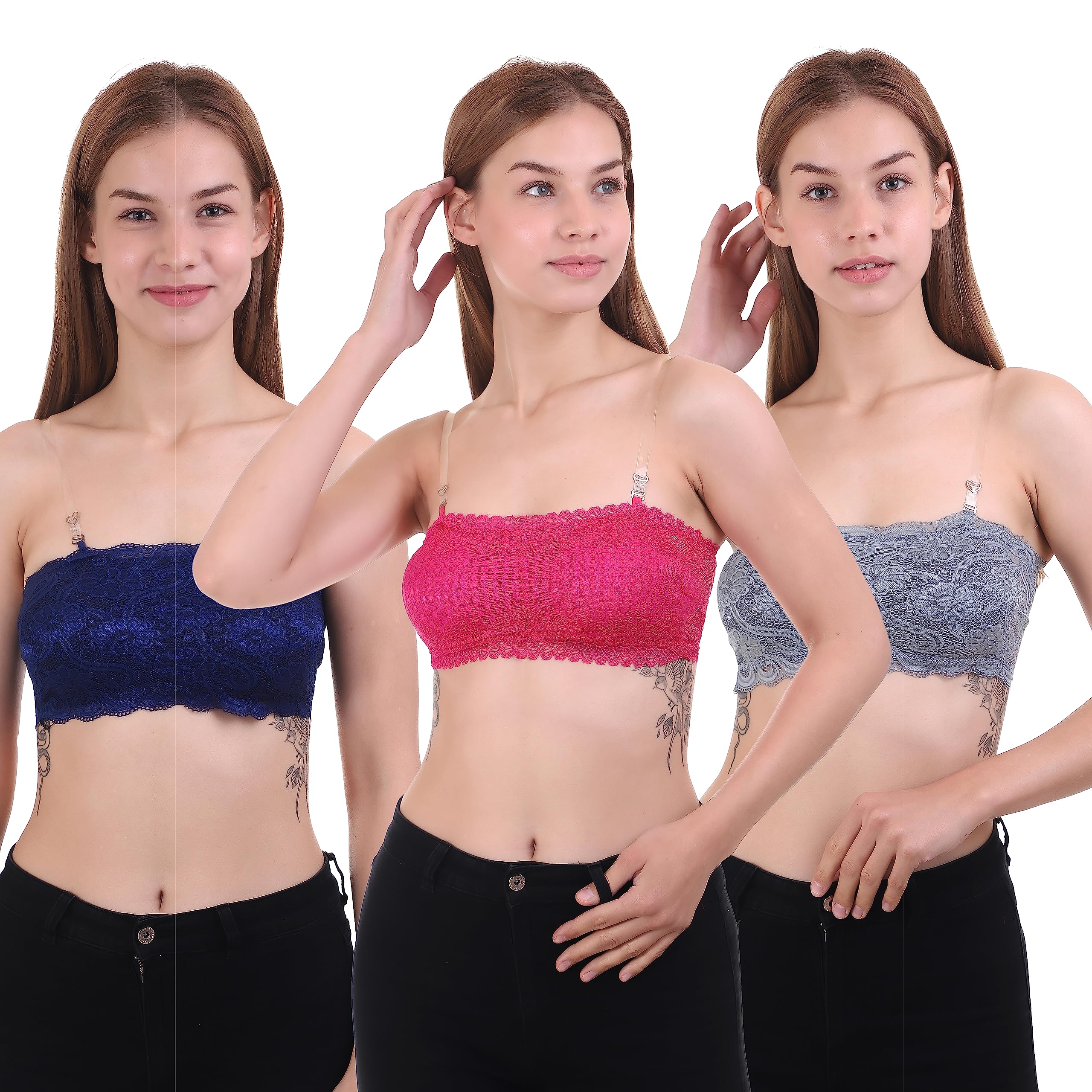 GenericPack of 3 Women Bralette Lightly Padded Bra with Transparent Strap (32, Navy/Rani/Grey)