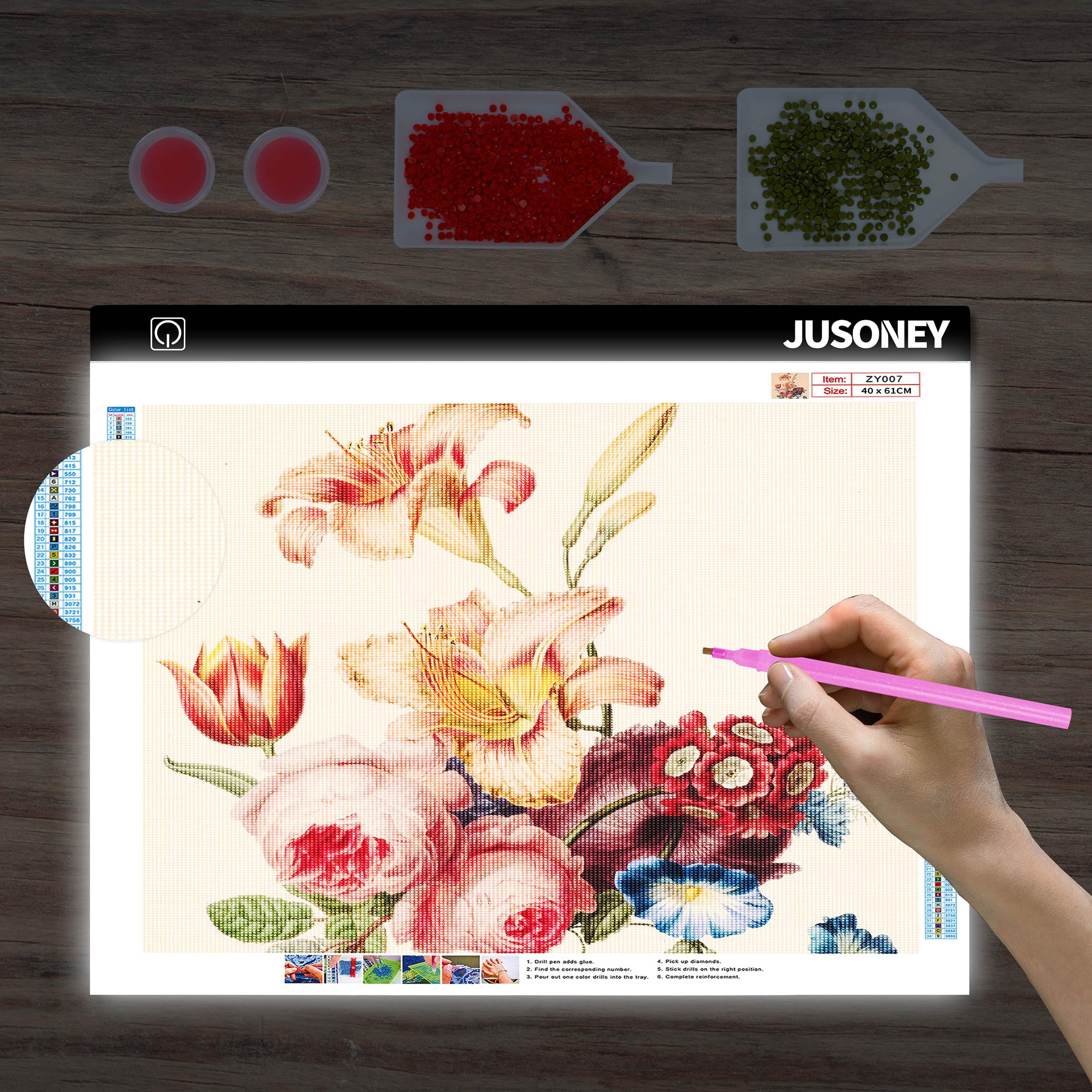 JUSONEY Diamond Painting Leuchttisch A2 Light Pad Zubehör Zeichentisch zum Zeichnen Skizzieren Malen Animation mit 4 Befestigungsclips