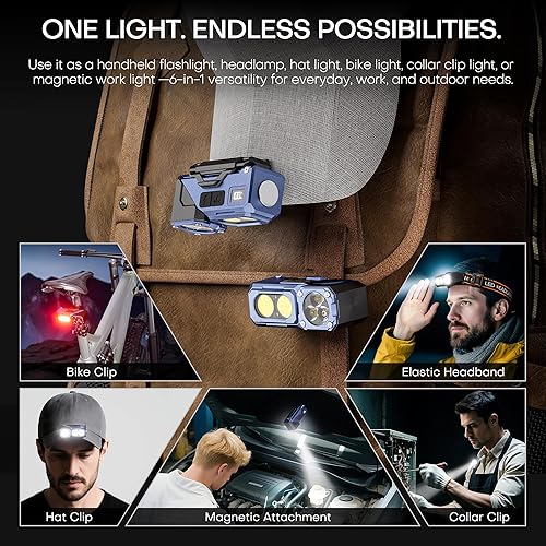 Miniatura 5 de Linterna LED recargable, lámpara de cabeza 3 en 1 y luz de bicicleta con sensor de movimiento, luz roja y pantalla de potencia digital para adultos,