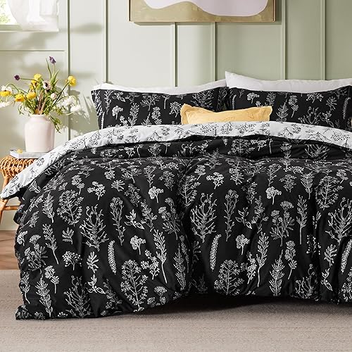 Bedsure - Funda de edredón tamaño Queen, reversible negro con cierre de cremallera, juego de ropa de cama de 3 piezas con estampado floral con 8