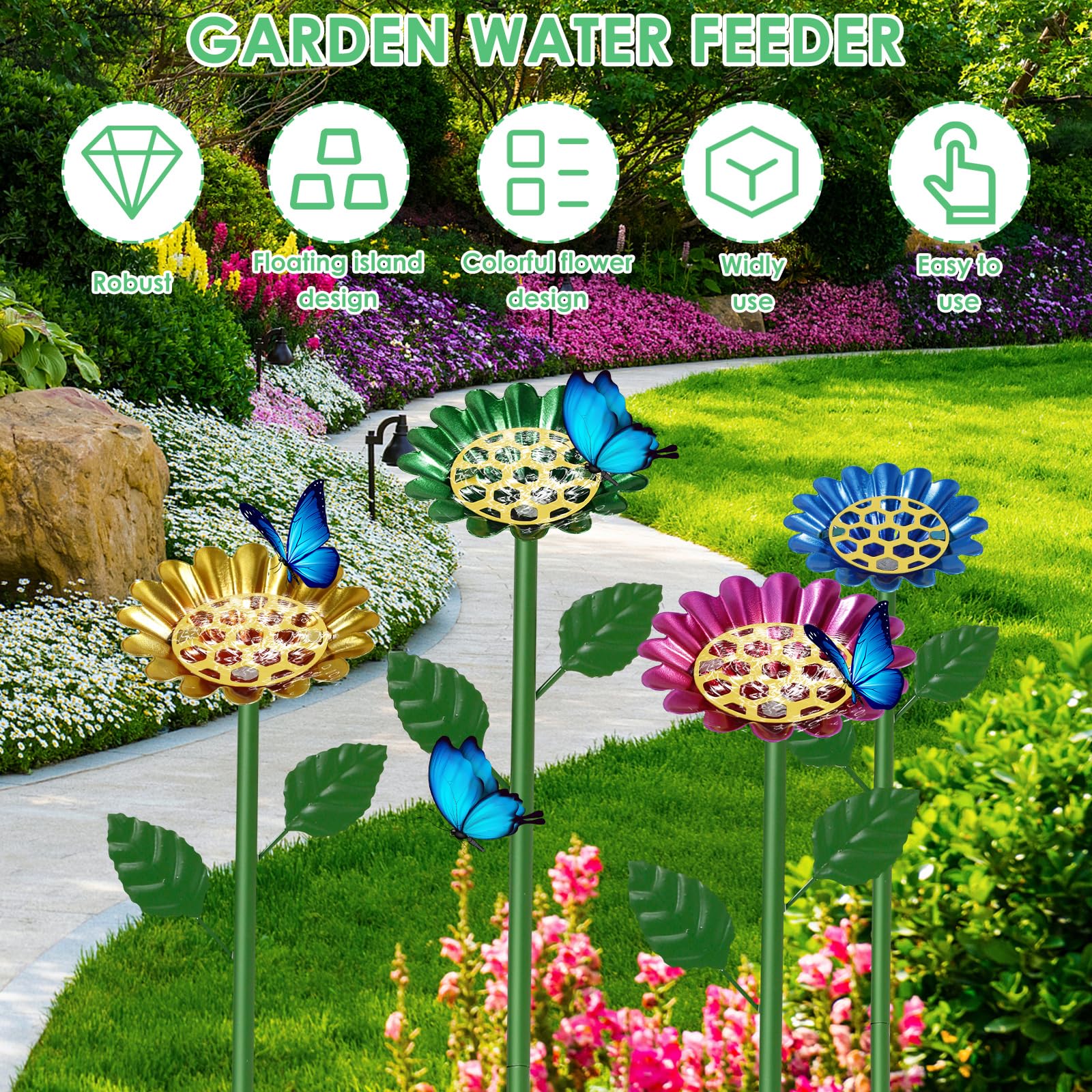 Lot de 4 abreuvoirs à insectes debout de 65 cm avec disques en nid d'abeille pour jardin, diamètre 8 cm, avec prise de terre en métal, abreuvoir d'abeilles, jardin, ferme, bain de papillons