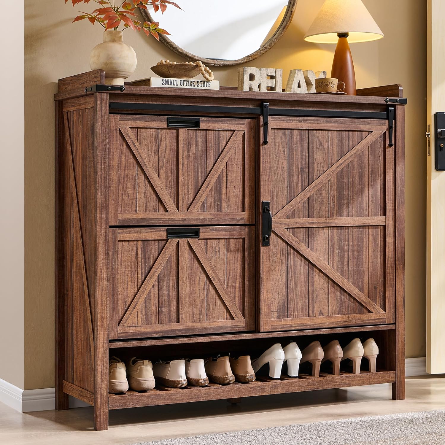 OKD Shoe Storage Cabinet with 2 Flip Drawers & Sliding Door, Farmhouse Entryway Shoe Organizer, Freestanding Rustic Hidden Shoe Rack Cabinet for Entryway, Rustic Walnut