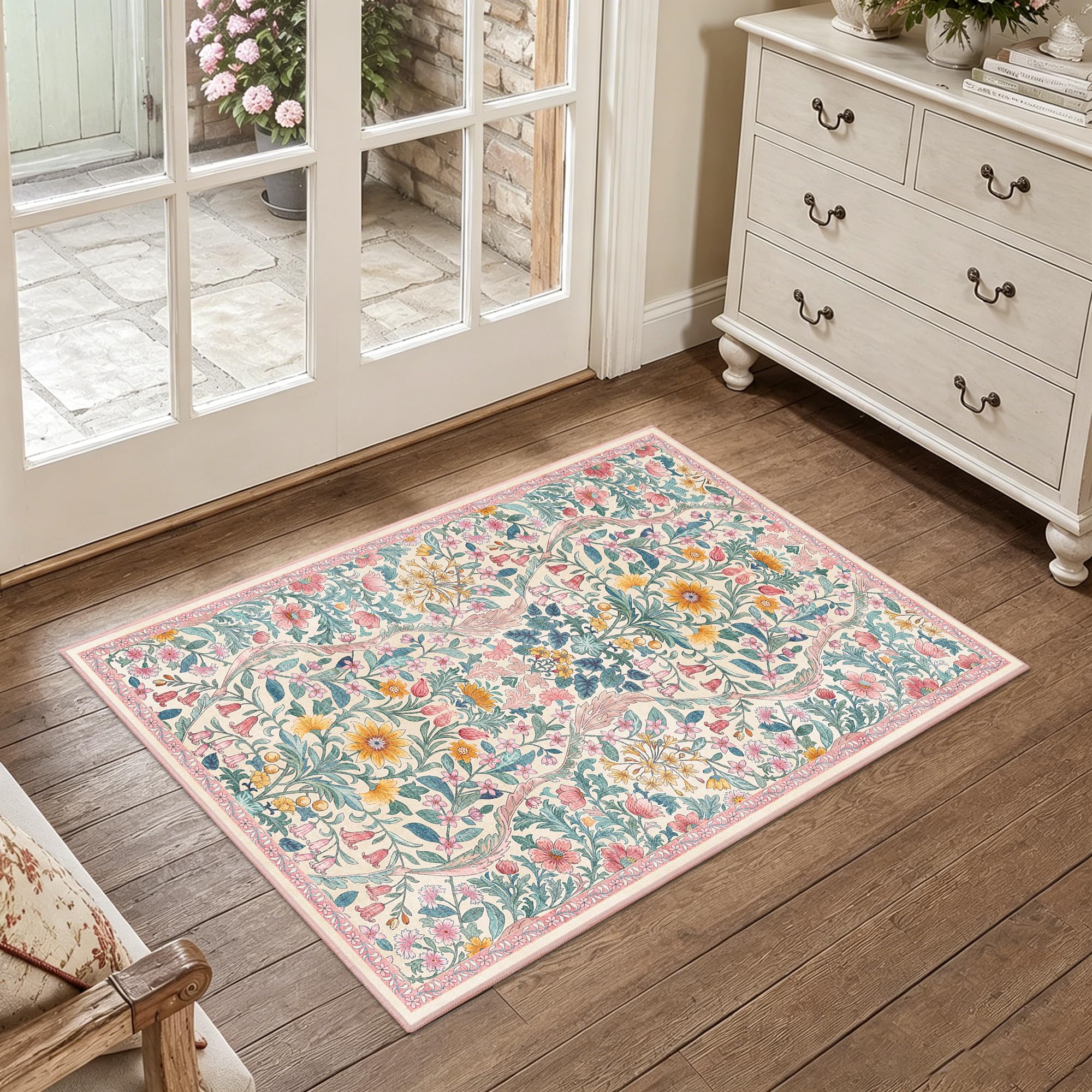 Floral 2x3 Entryway Rug Washable Doormat Indoor Throw Rug, Pink