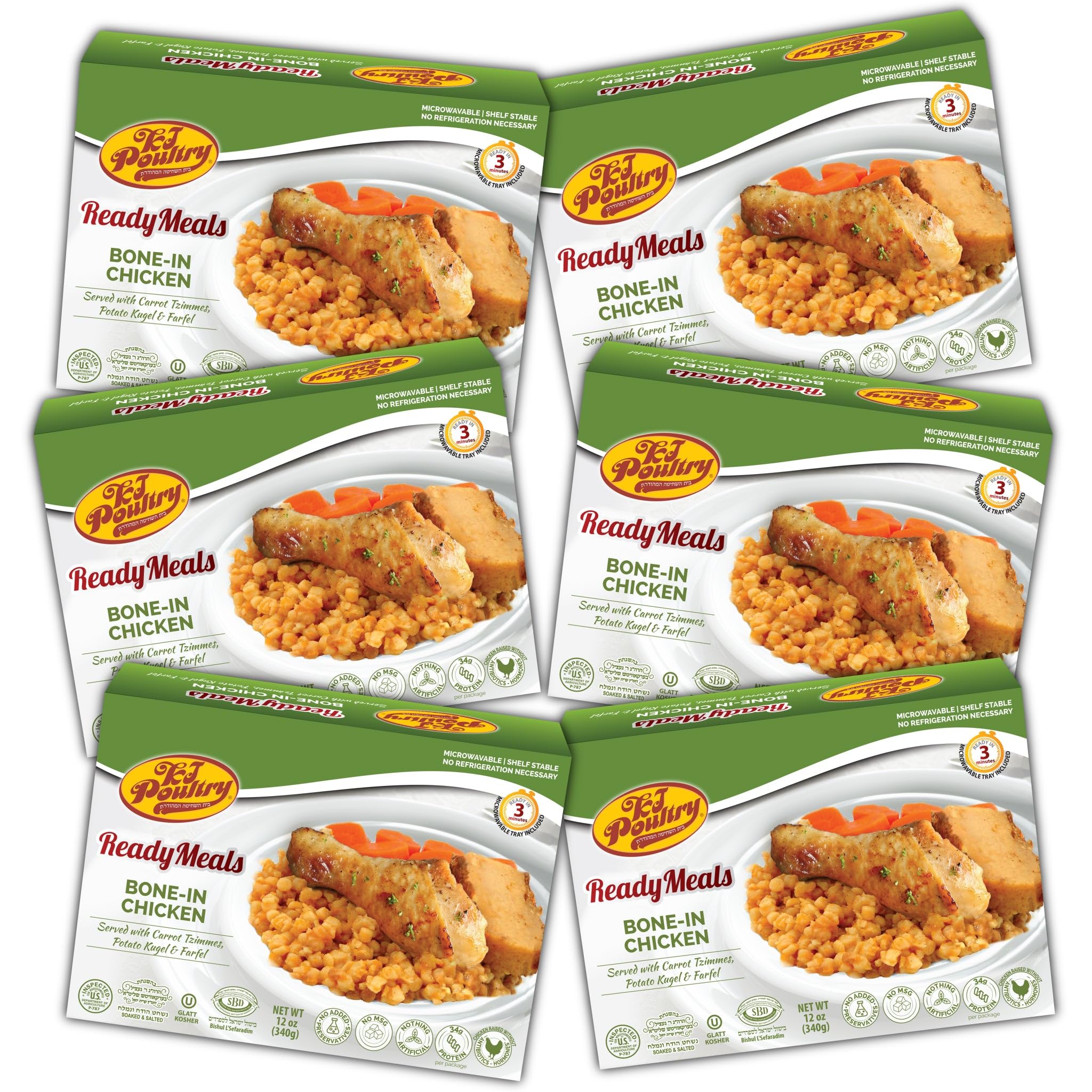KJ Poultry Kosher Ready Meals - Bone In Chicken & Kugel, MRE Meat Meals Ready to Eat, Shabbos Food, Halal, (6 Pack) Prepared Entree Fully Cooked, Shelf Stable Microwave Dinner Travel Military Camping