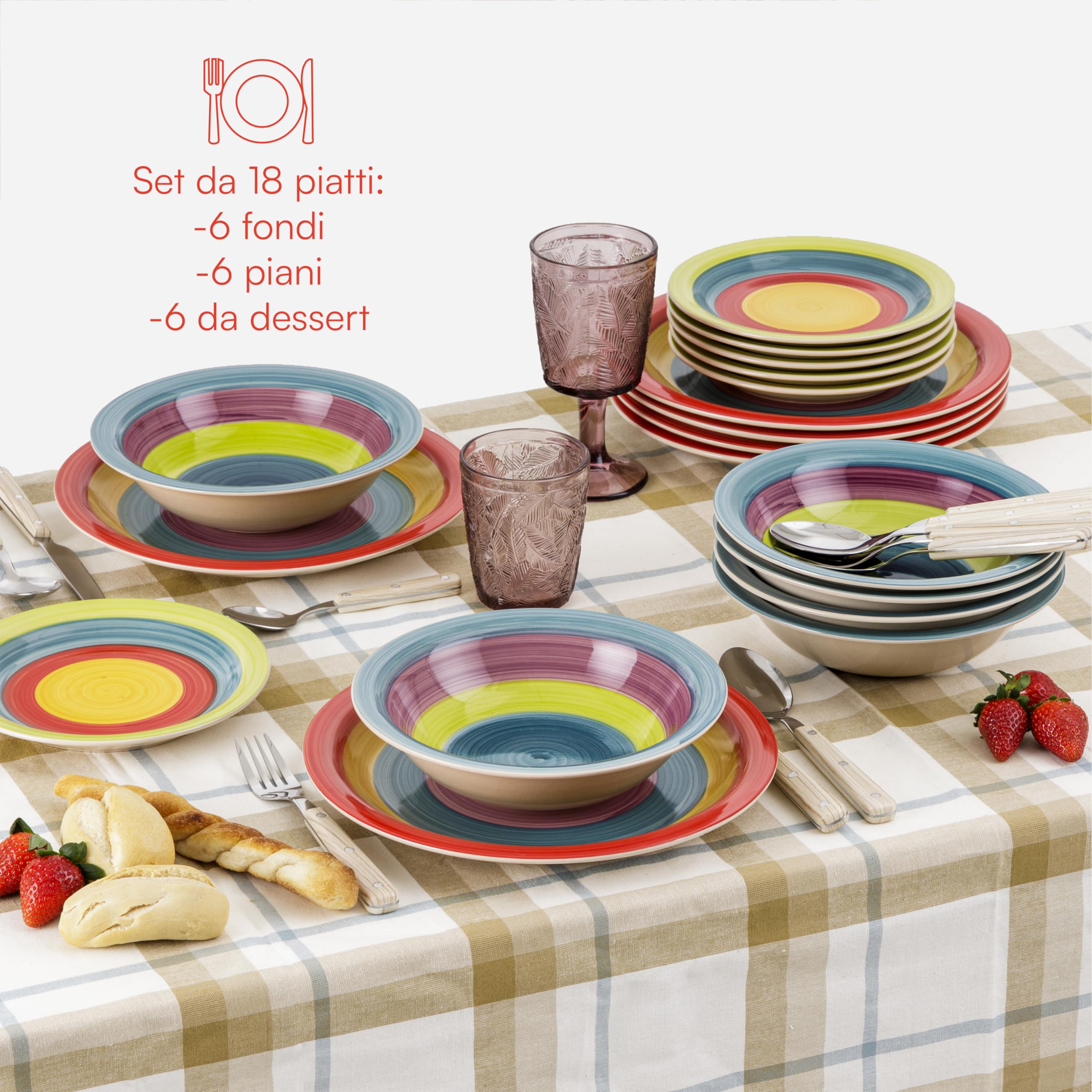Baroni Home Servito di Piatti da 18 pezzi in Ceramica, Servizio da Tavola Decorato per 6 Persone, Piatto Fondo, Piano, da Frutta o Dolce, Stile Arcobaleno