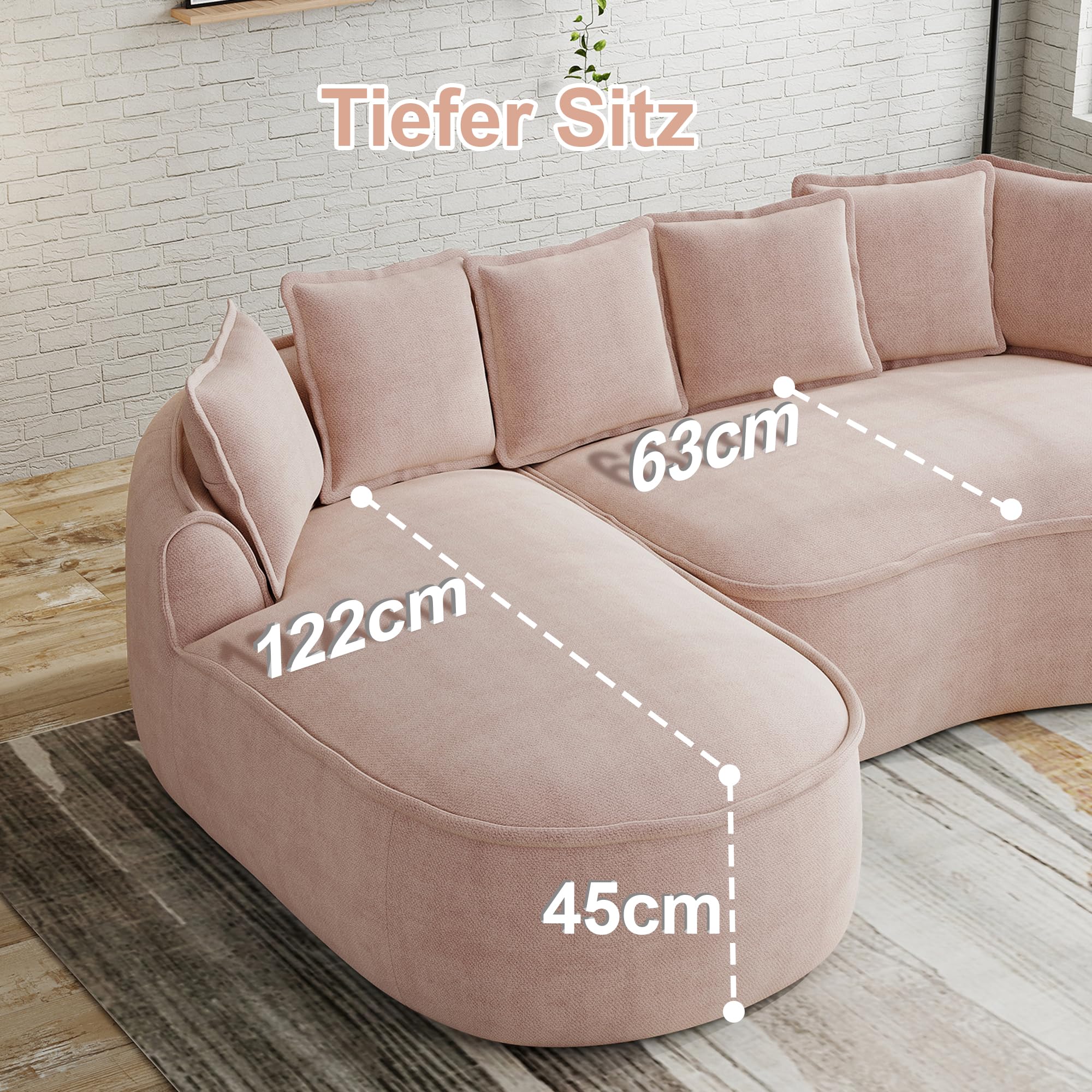 Bladez Frameless - Divano angolare modulare a forma di L, in ciniglia, con seduta extra profonda e chaise longue, divano da pavimento senza montaggio, divano curvo, per il soggiorno (rosa, 3 posti -R)
