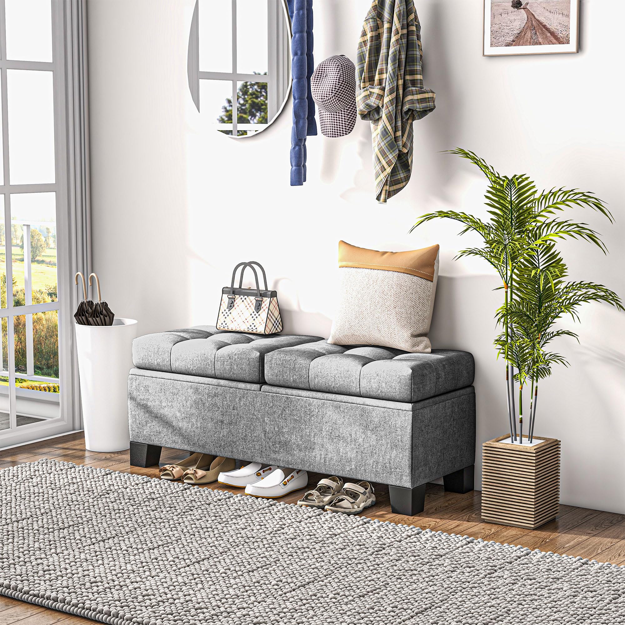 HOMCOM Sitzbank mit Stauraum Polsterbank bis 180kg 116x41x47 cm Grau | Gepolsterte Aufbewahrungsbox, Für Flur, Schlafzimmer, Wohnzimmer