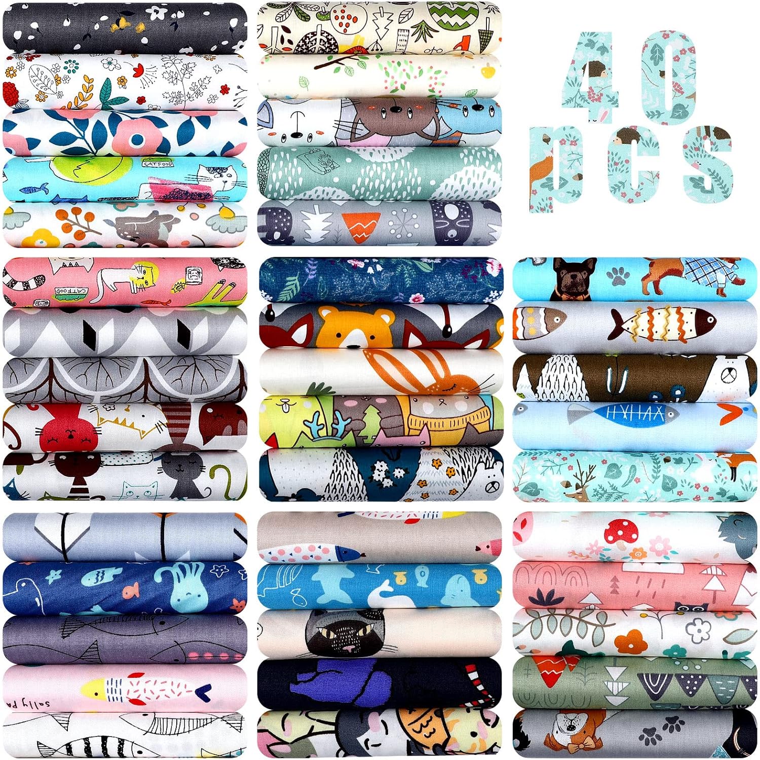 40 Pcs 20 x 20 Inch Cotton Fabric Bundle Square Quilting Patchwork Multi Color Printed Floral Fat Flower Animals Cartoon for DIY Crafts Cloths Handmade Accessory (Cute Style)