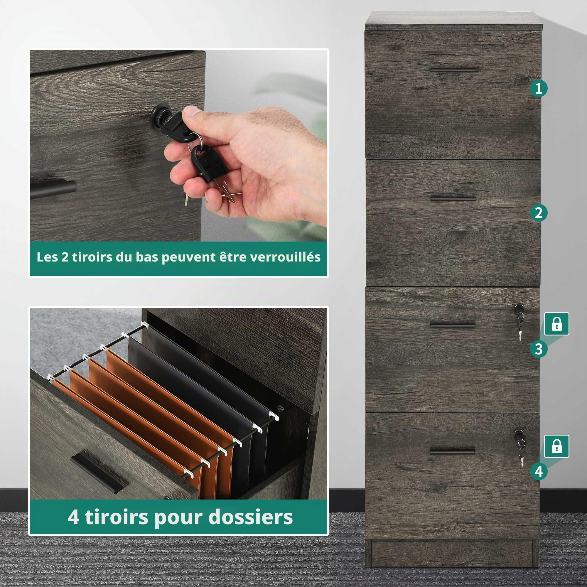 YITAHOME Armoire de Bureau à 4 tiroirs, verrouillable, 130,7 cm de Profondeur, pour classeurs de Format A4, pour la Maison et Le Bureau, Grise
