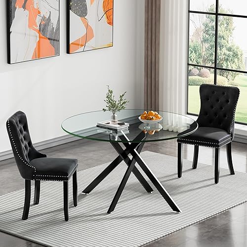 Miniatura 95 de Juego de mesa de comedor de cristal dorado moderno de 51 pulgadas para 4, juego de mesa de comedor rectangular de 5 piezas con patas cruzadas