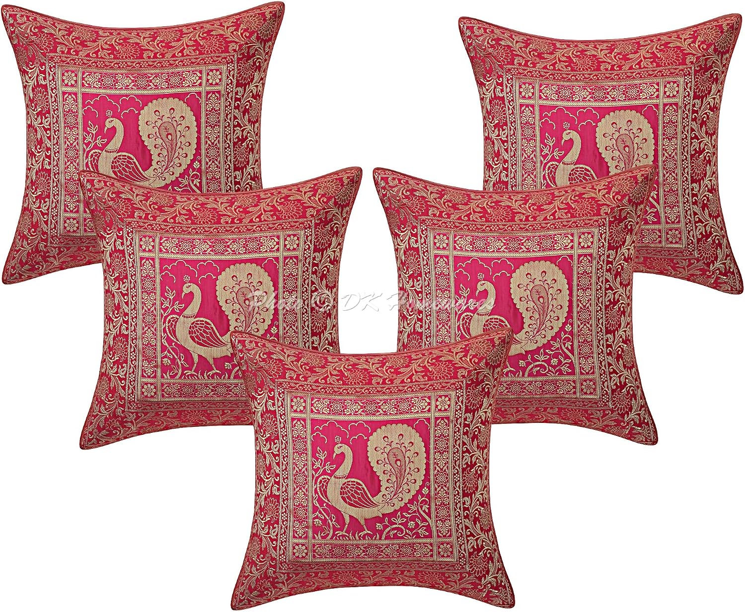 Decorative Throw Cushion Covers 16 x 16 Inch Brocade Jacquard Weave Indian Peacock Square Cushion Covers (Size - 40x40 cm ; Color: Magenta & Gold) - Set of 5 Pcs (Cover Only)