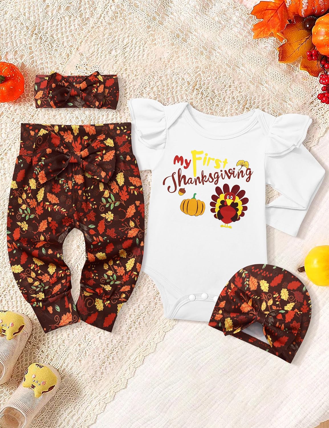 My First Thanksgiving Baby Girl Outfit Ruffle Long Sleeve Turkey Print Thanksgiving Baby Girl Outfit