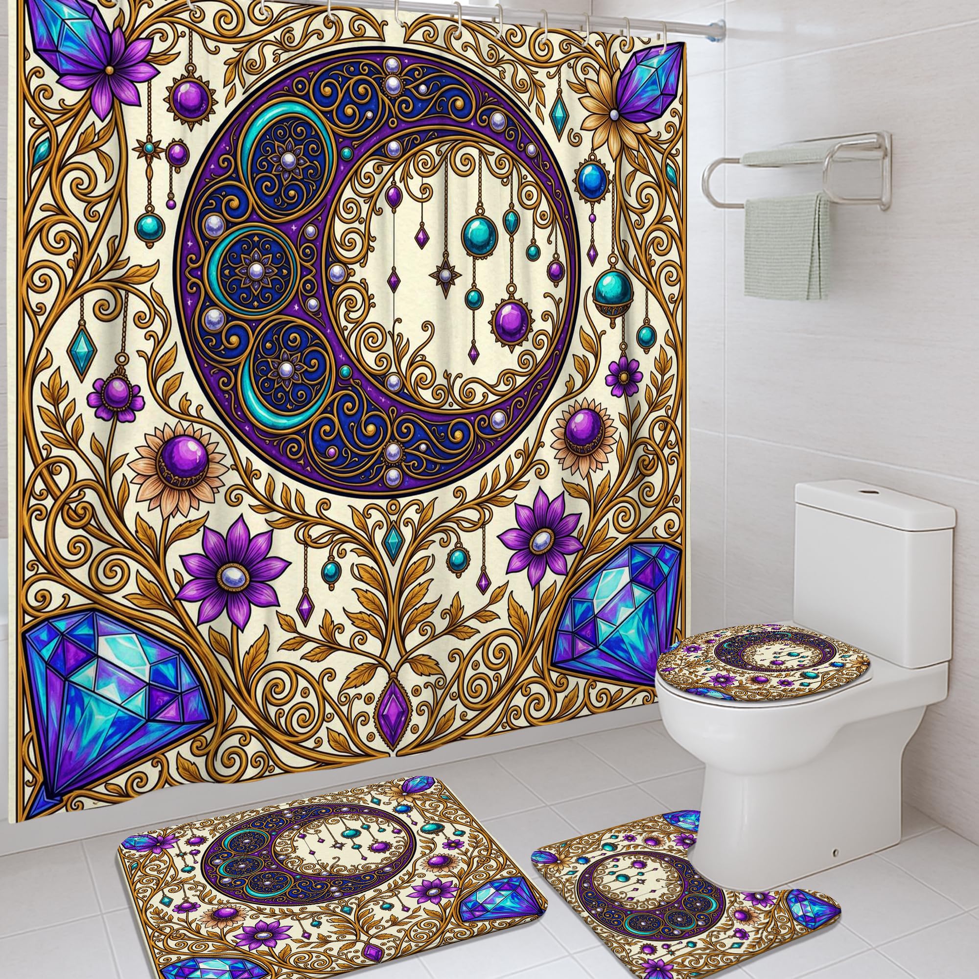 Ensemble rideau de douche polyester avec tapis de bain et motif lune