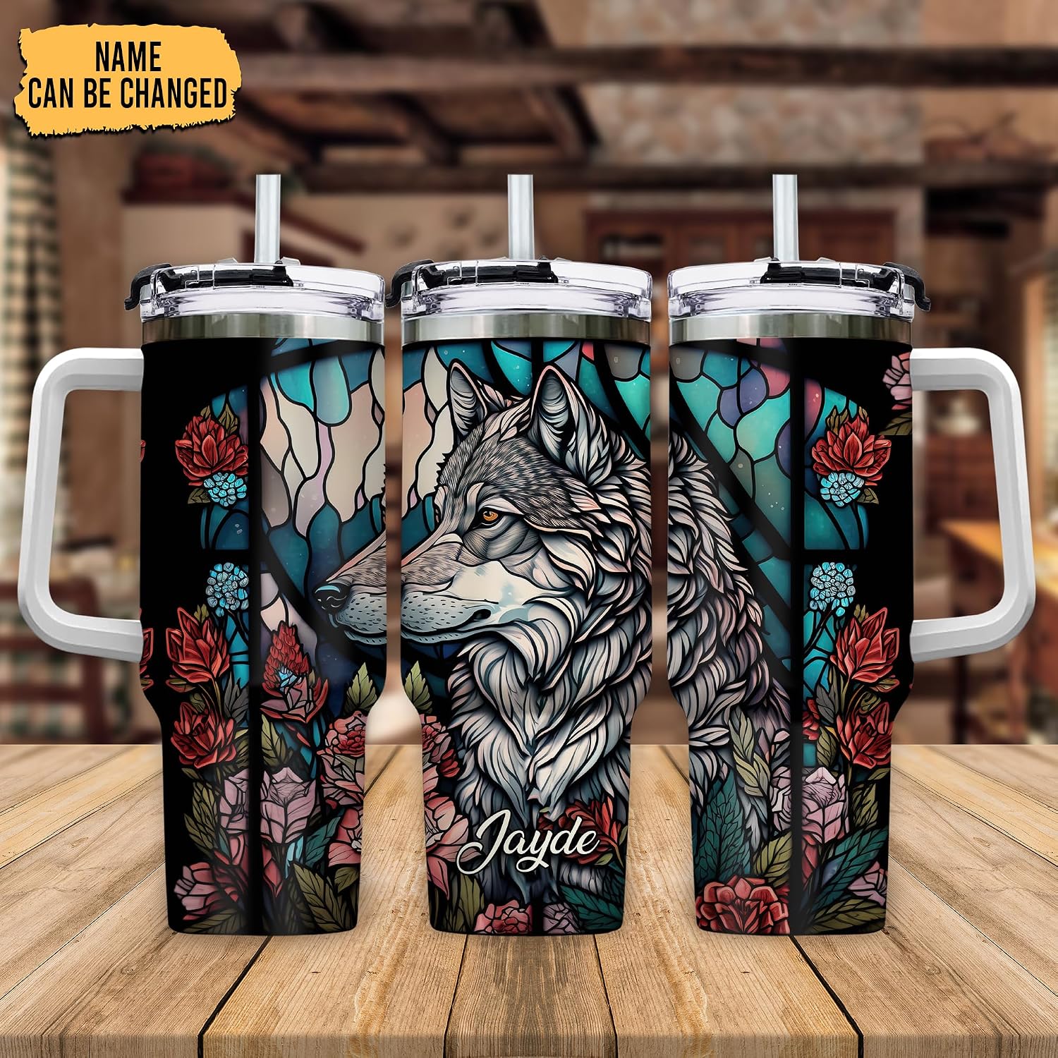 Hyturtle Personalized Wolf 40oz Tumbler with Handle and Straw Gifts for Animal Lovers, Cute Wolf Gifts For Women, Birthday Christmas Gift Ideas Custom Insulated Stainless Steel Travel Cup With Lid