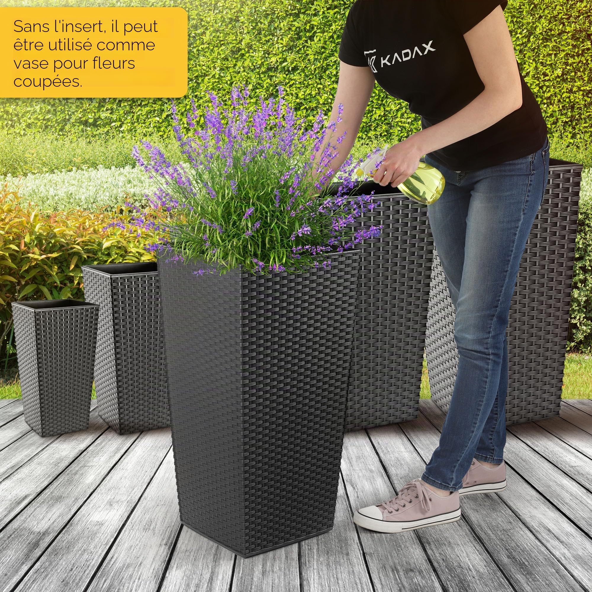 KADAX Pot de fleurs, bac à plantes, en plastique, pour intérieur et extérieur, jardin, balcon, terrasse, maison, résistant aux intempéries, imitation rotin, 68 cm de hauteur, rotin graphite