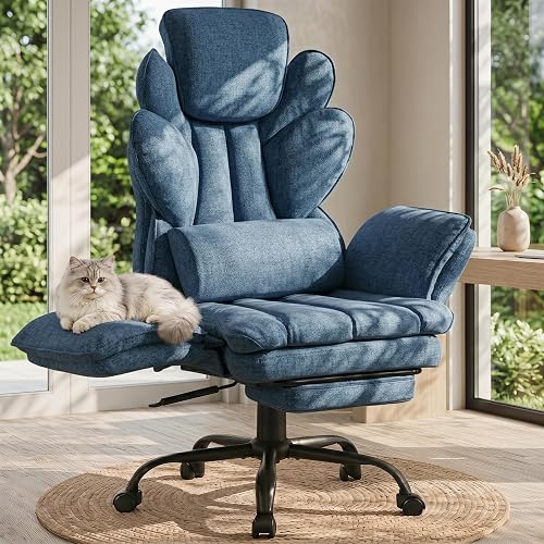 Flip Armrests Criss Cross Office Chair, Reclining Office Chair with Foot Rest, Adjustable Headrest, Massage Waist Pillow, Cross Legged Big and Tall Desk Chair Wide Seat Vanity Chair, Blue Fabric - Dark Blue