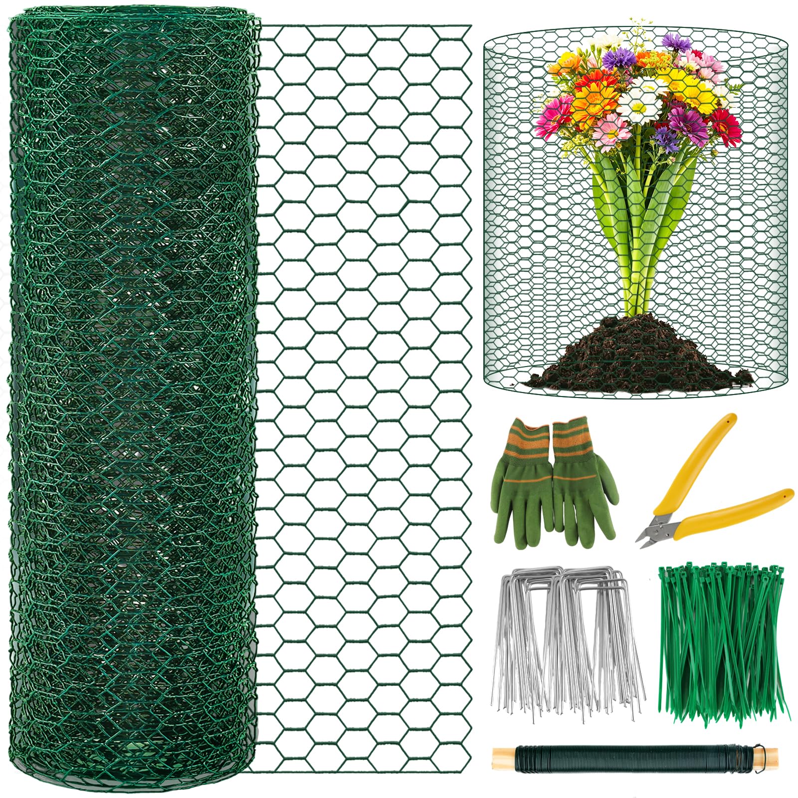 Plant Protectors from Animals, 16.4 x 16In Green PVC Coated Galvanized Chicken Wire Mesh Roll, 0.8mm Free-Cut Plant Cage with Ties, Stakes, Gloves, Pliers &amp; Floral Wire (16.4Ft*20In)