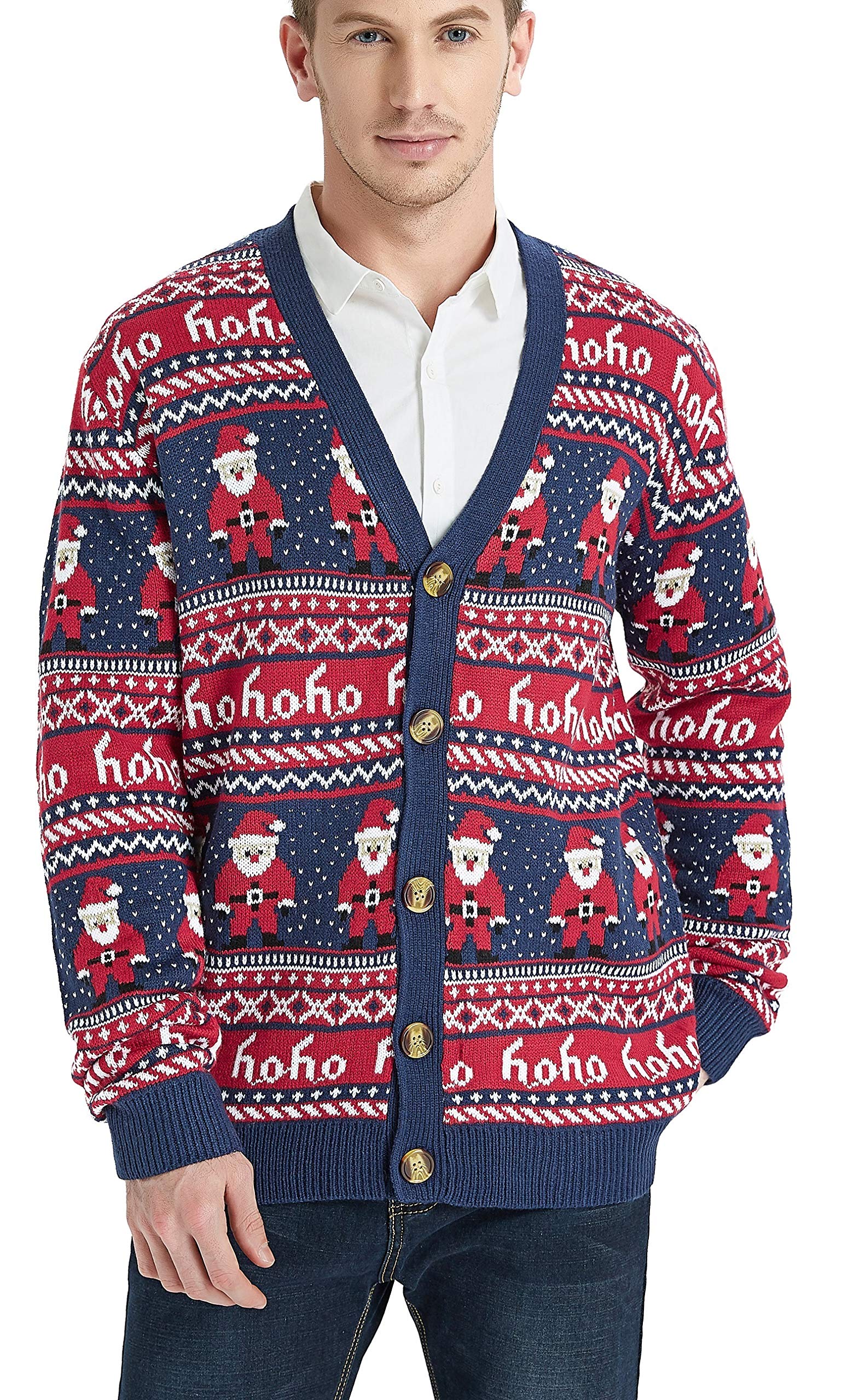 *daisysboutique*Men's Christmas Rudolph Reindeer Holiday Festive Knitted  Sweater Cardigan Cute Ugly Pullover Jumper, Santa&cane Stripe, L