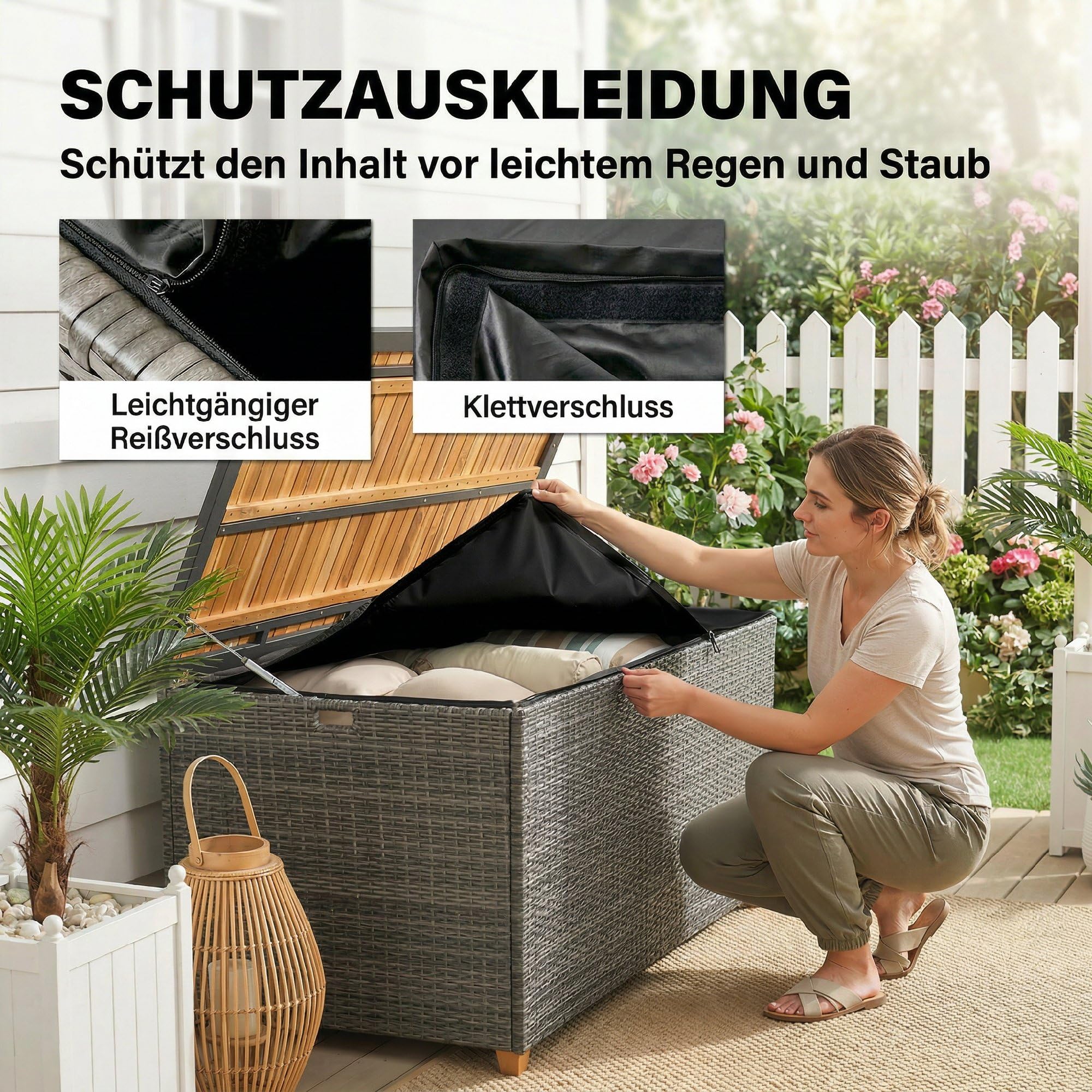 Outsunny Skrzynka ogrodowa 2 w 1, 450 l, z polirattanu, wodoszczelna, z pokrywą z drewna akacjowego FSC, sprężyny gazowe, wyściółka wewnętrzna, odporna na działanie warunków atmosferycznych, pudełko