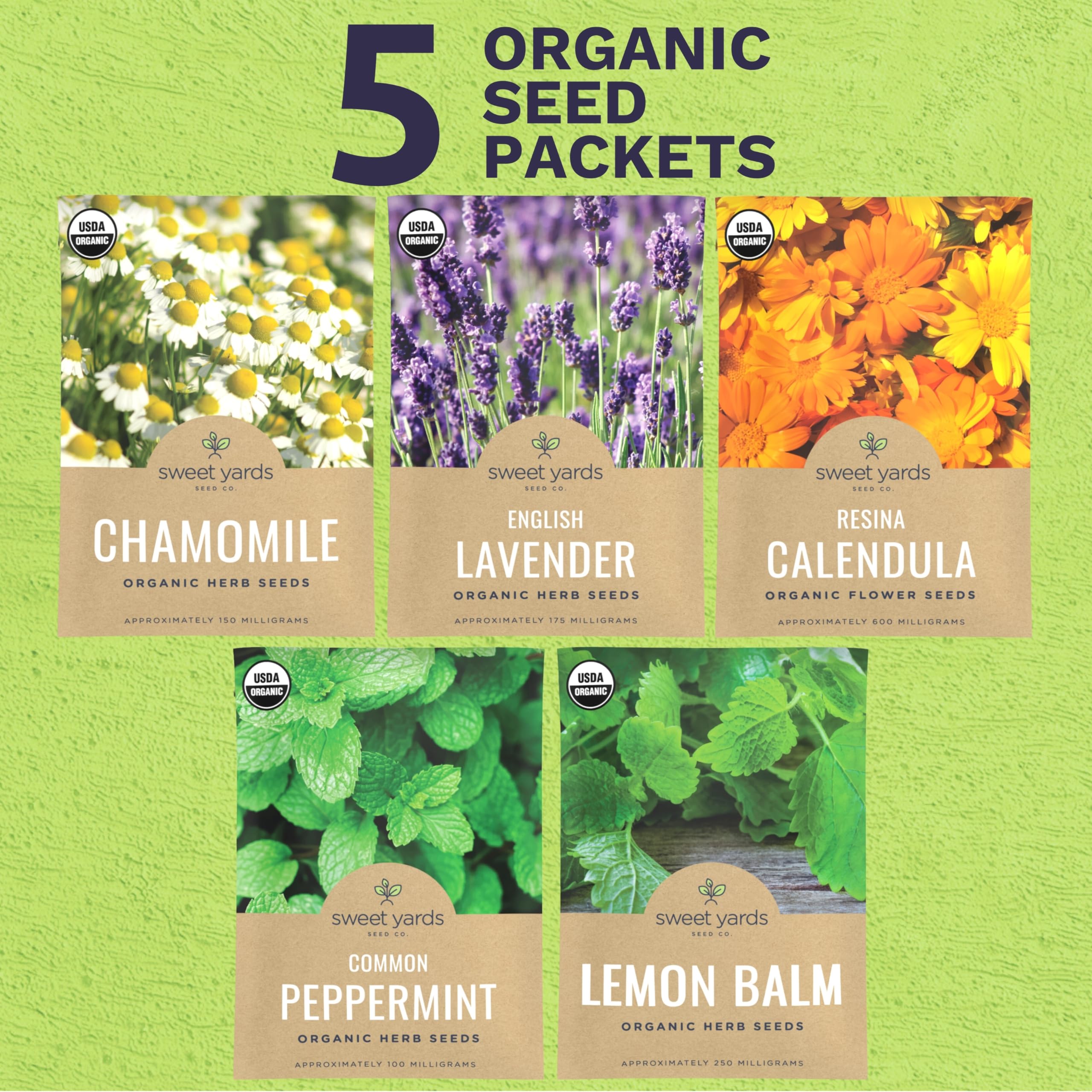 Paquete variado de semillas de té de hierbas orgánicas, 5 paquetes individuales, temporada 2025, menta, lavanda, caléndula, manzanilla y bálsamo de limón. para plantar en interiores y exteriores (sin 2