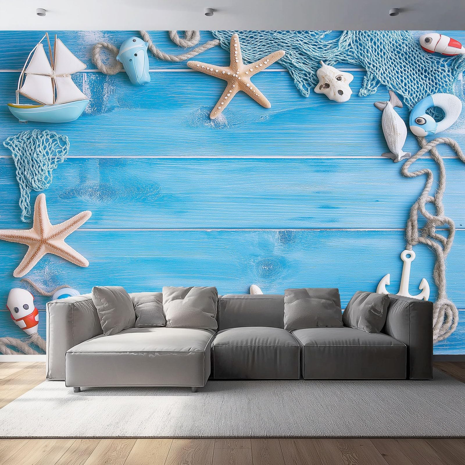 Tapisserie photo papier peint panoramique étoiles de mer bleu blanc 400x280
