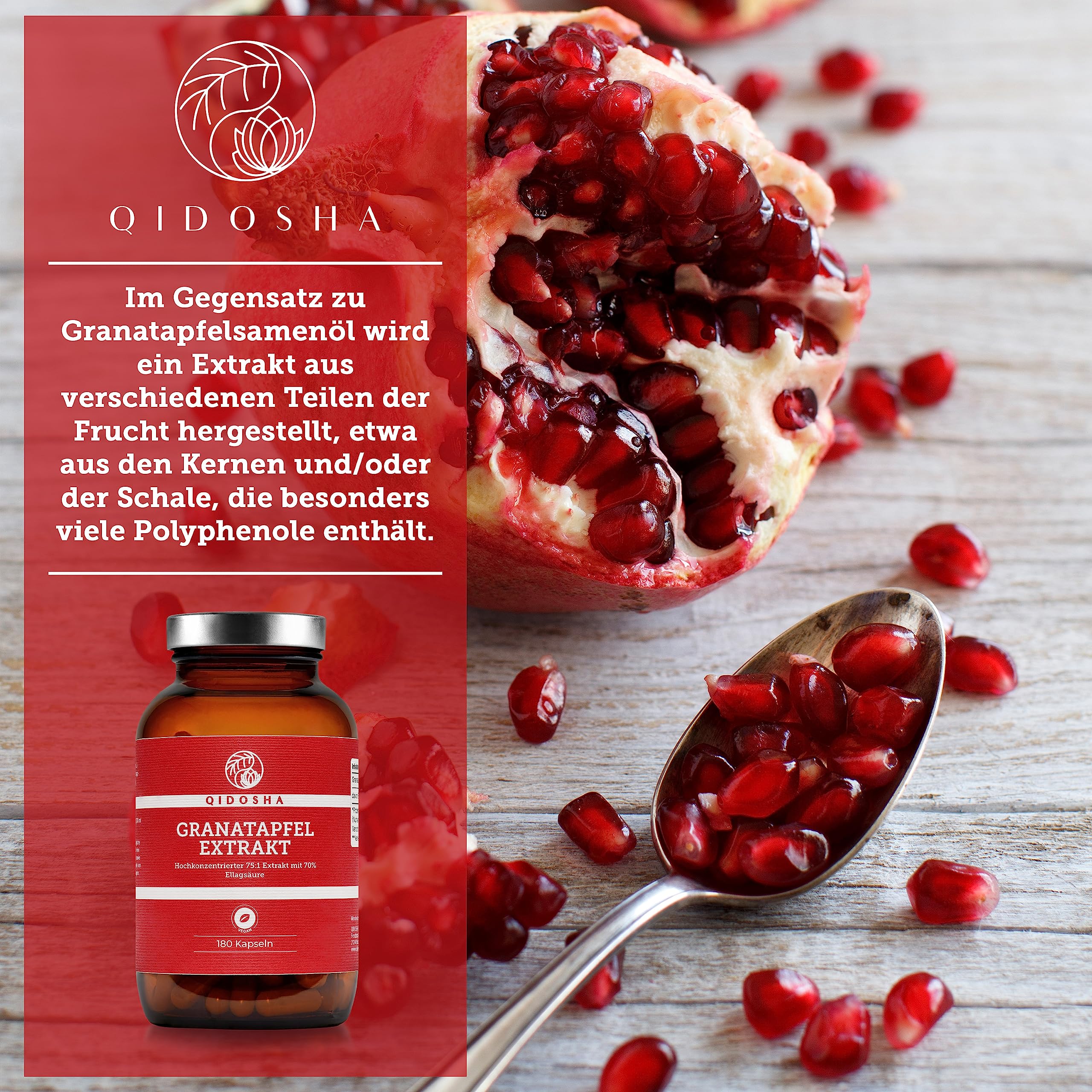 QIDOSHA® Granatapfel Extrakt Kapseln hochdosiert, 70% Ellagsäure, 180 Stk/Glas, 75:1 Premium-Extrakt mit 1800mg Granatapfel Extrakt je Tagesportion, vegan, deutsche Fertigung