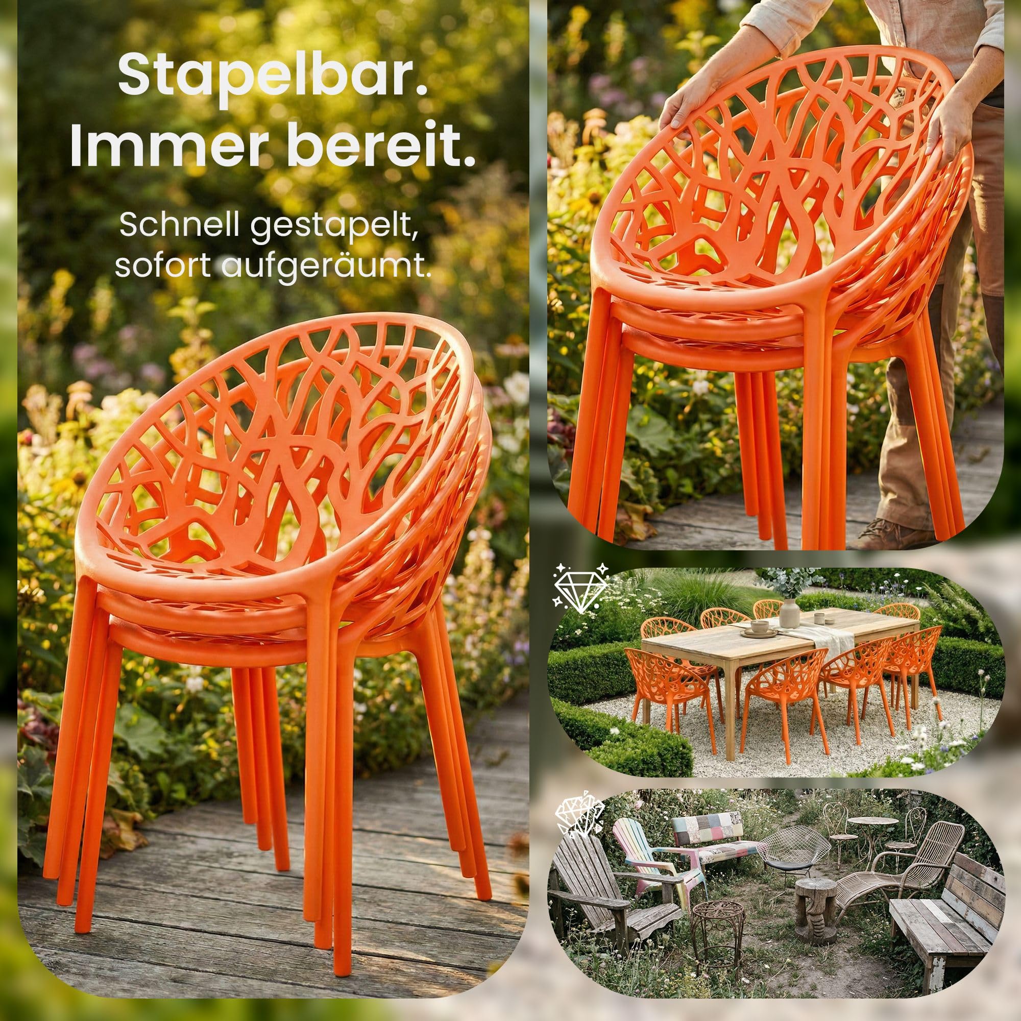 CLP Gartenstuhl stapelbar wetterfest Hope, Gartensessel mit Lehne UV-beständig, Outdoorstuhl aus Kunststoff bis 150 kg belastbar Farbe orange
