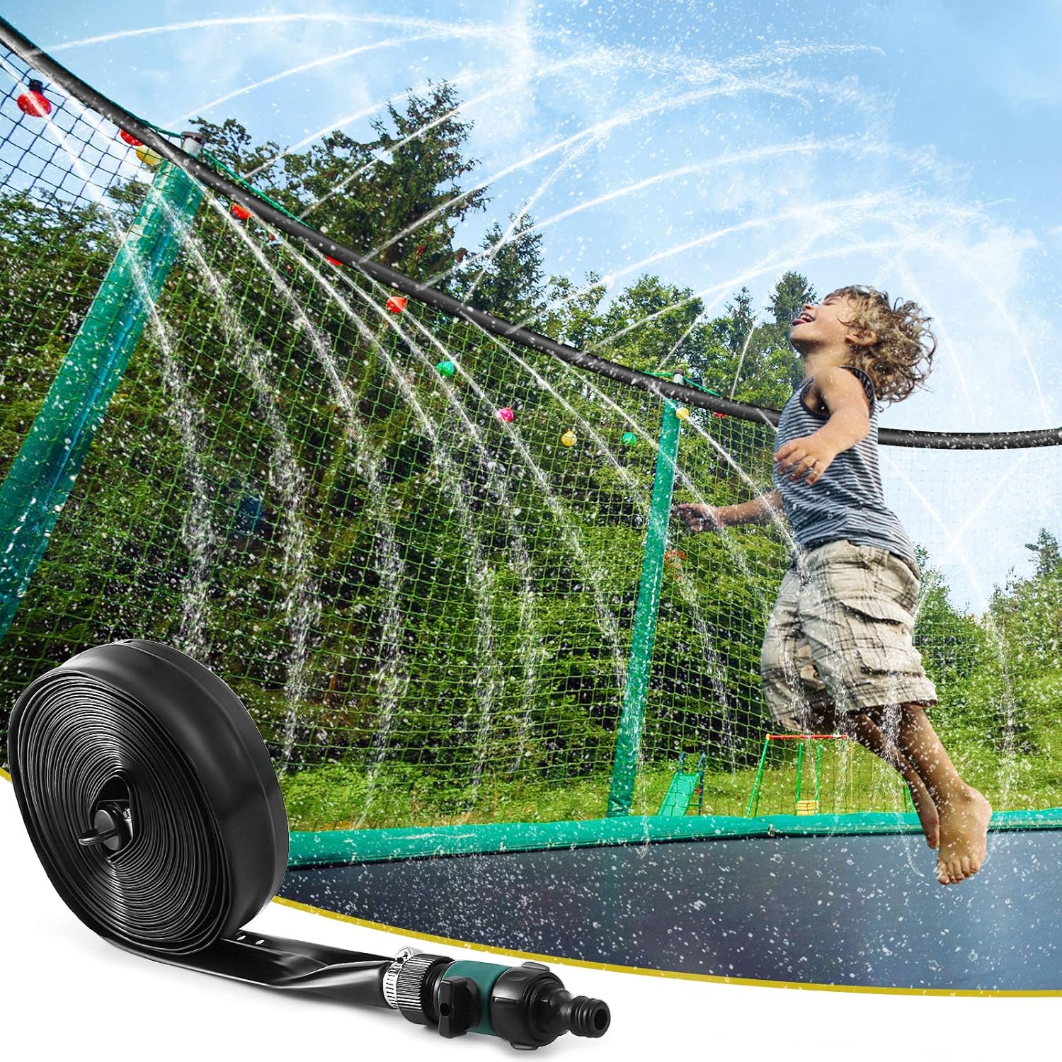 Trampoline Sprinkler - Outdoor Trampoline Water Sprinklers for Kids & Adults, Fun Summer Water Park Backyard Toys for Boy Girl Play Outside Activity- Trampoline Accessories 39 ft with 50 Zip Ties : Toys & Games