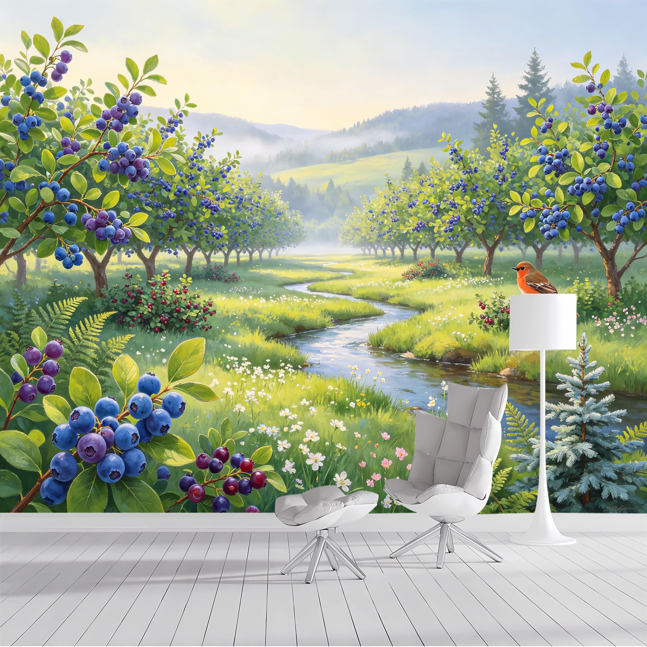 Custom Size Wall Mural Blueberry Field Landscape Stream Bird Watercolor SelfAdhesive Wall Fabric Removable Peel and Stick Wallpaper Wall Decor for Living Room Bedroom Bathroom