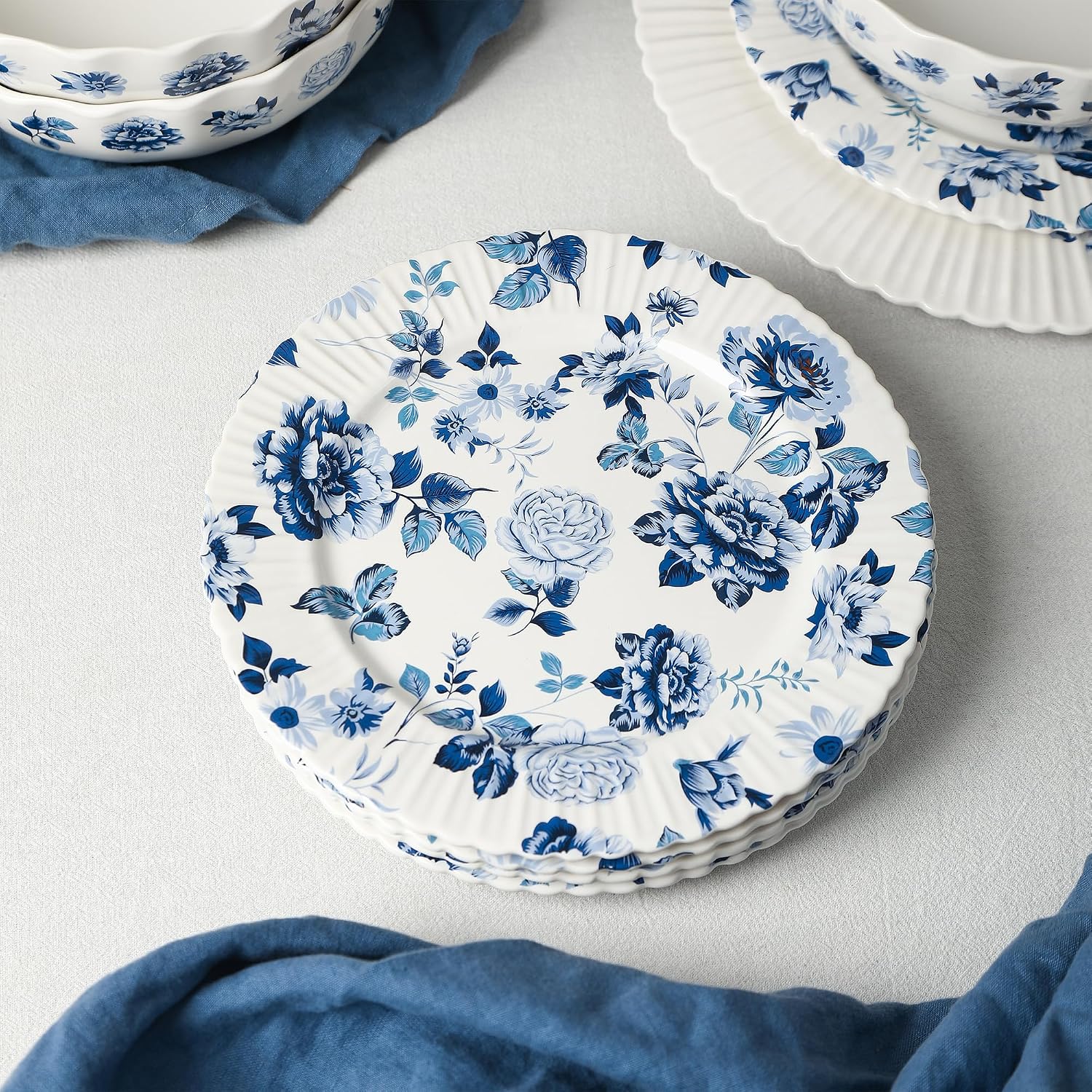 Stone Lain Fiore 4-Piece Salad Plate Set New Bone China, Blue